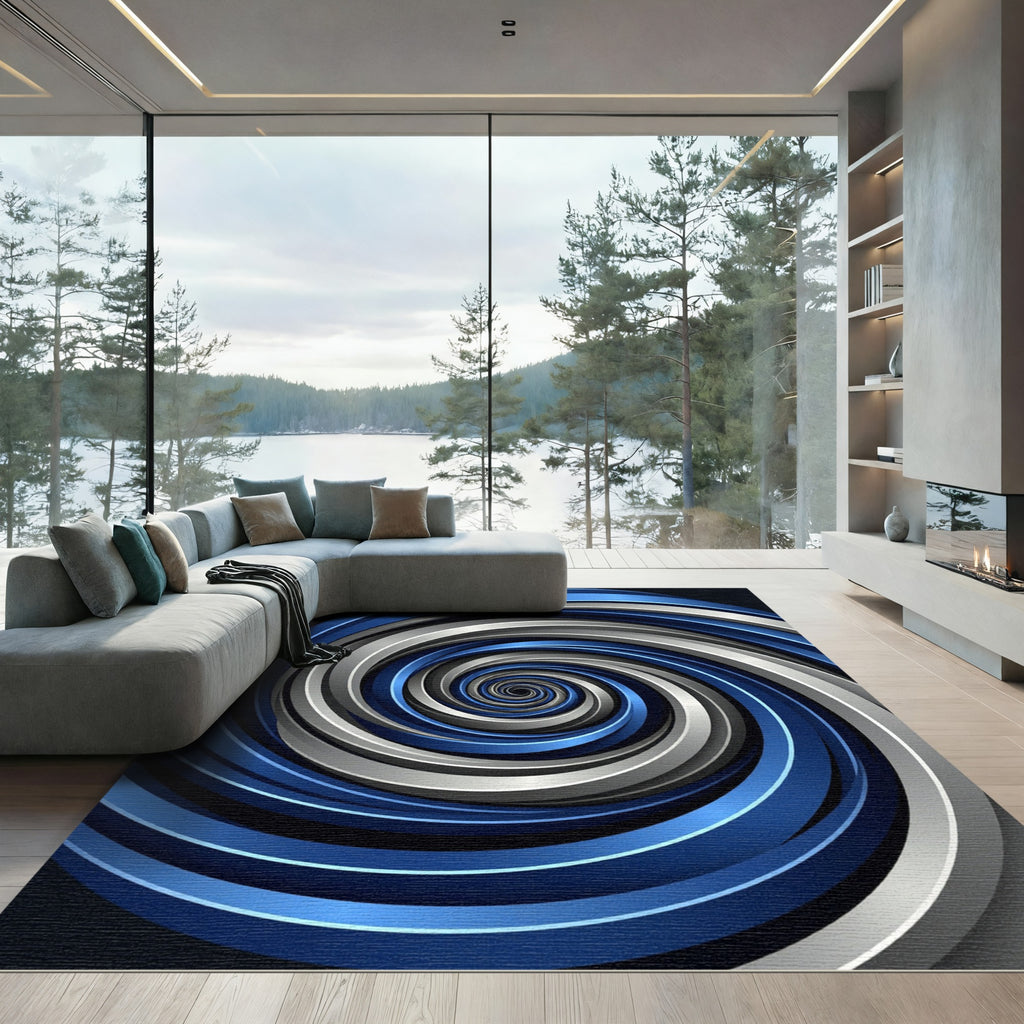 Modern Blue and Silver Swirl Spiral Rug