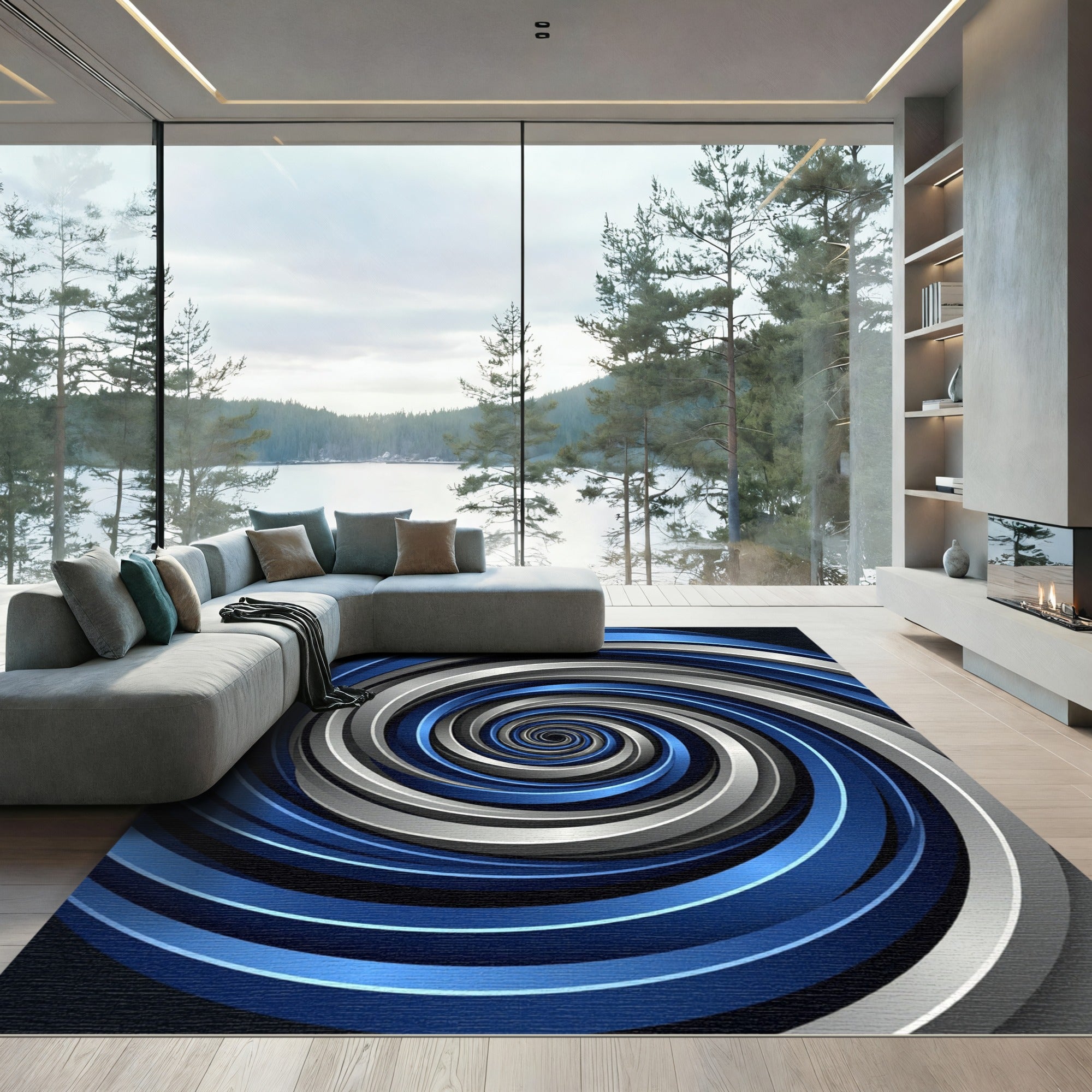 Modern Blue and Silver Swirl Spiral Rug