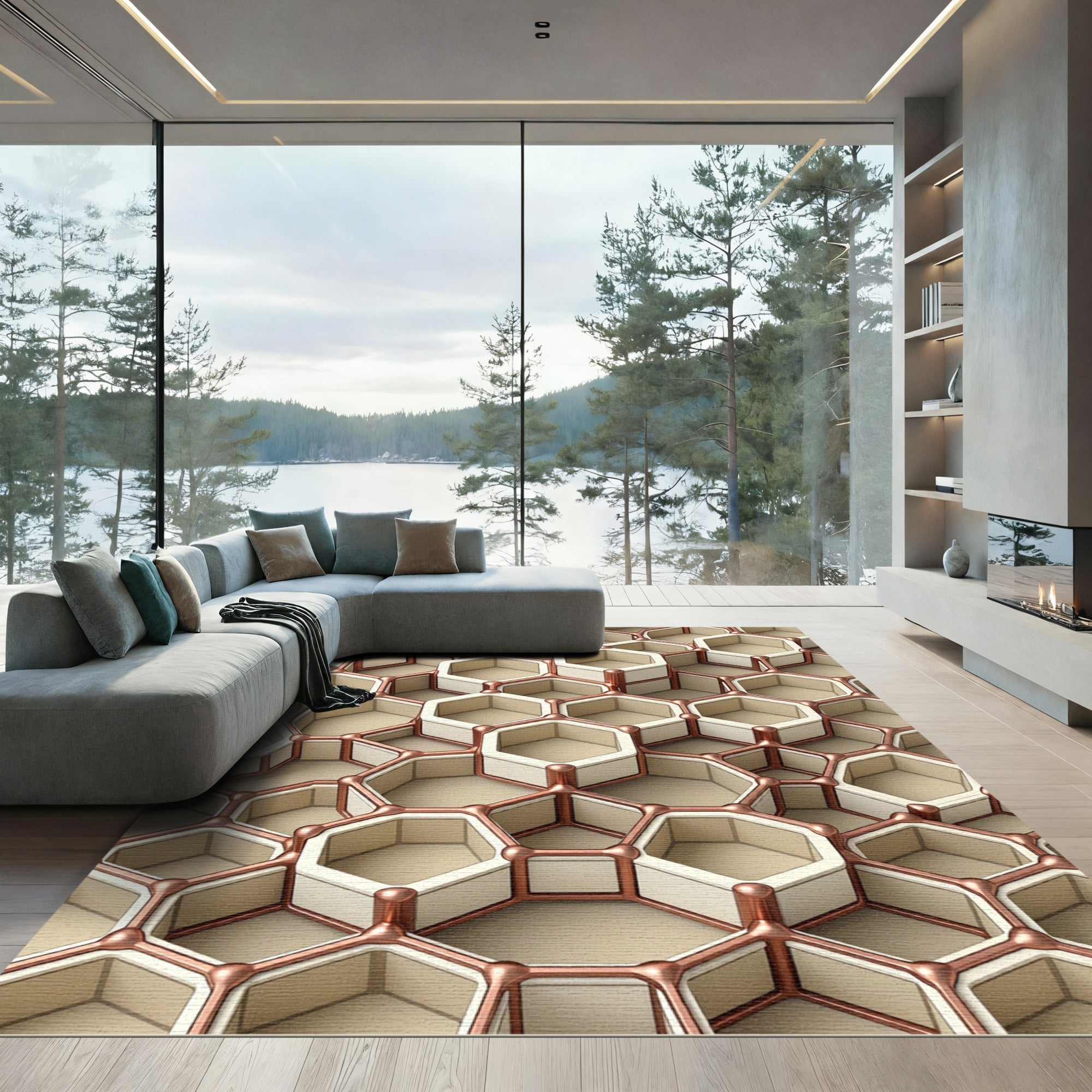 Modern Metallic Geometric Honeycomb Hexagon Rug