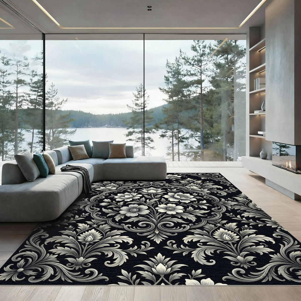 Elegant Black Floral Scrollwork Accents Rug