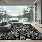 Elegant Black Floral Scrollwork Accents Rug