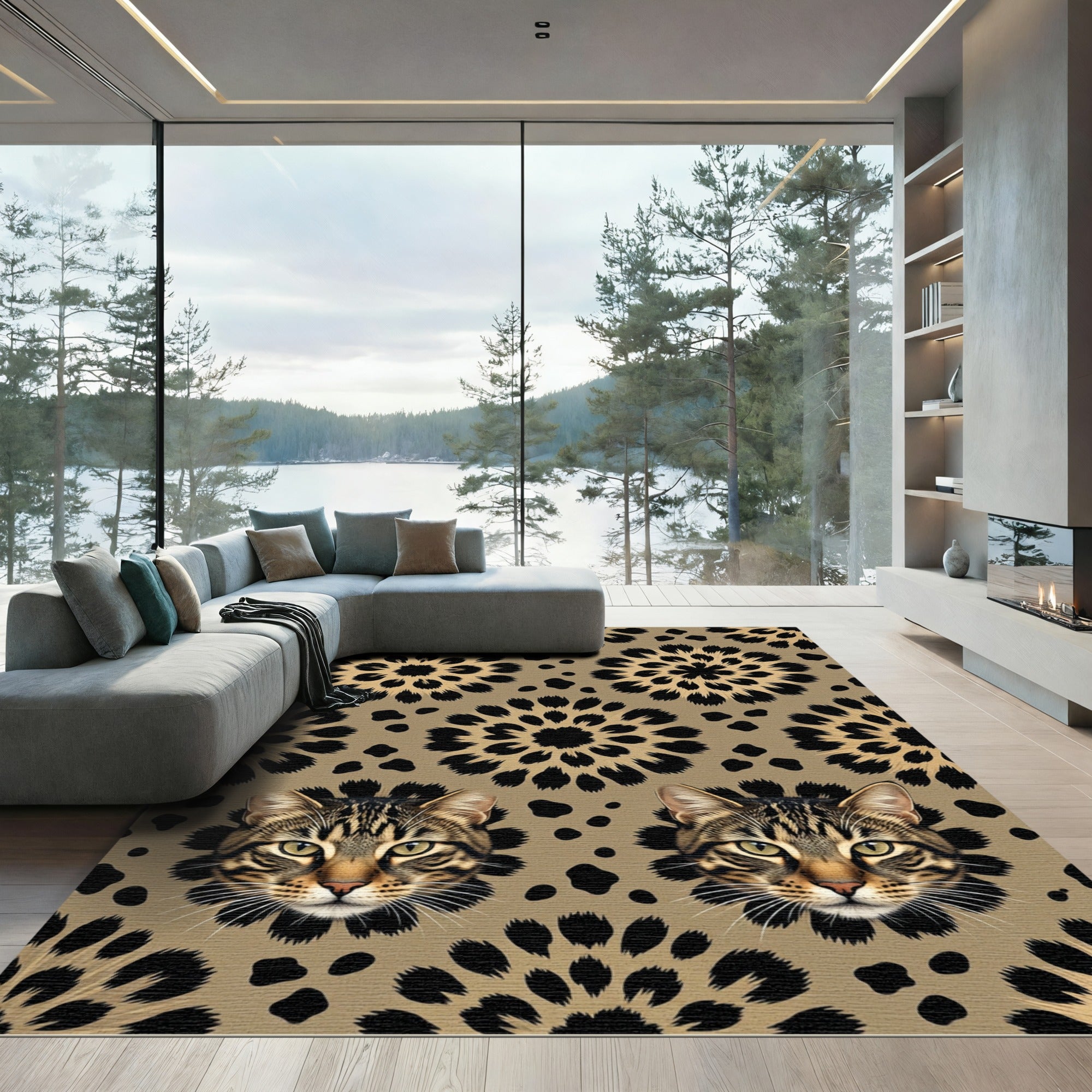 Brown Black Feline Flower Collage Rug