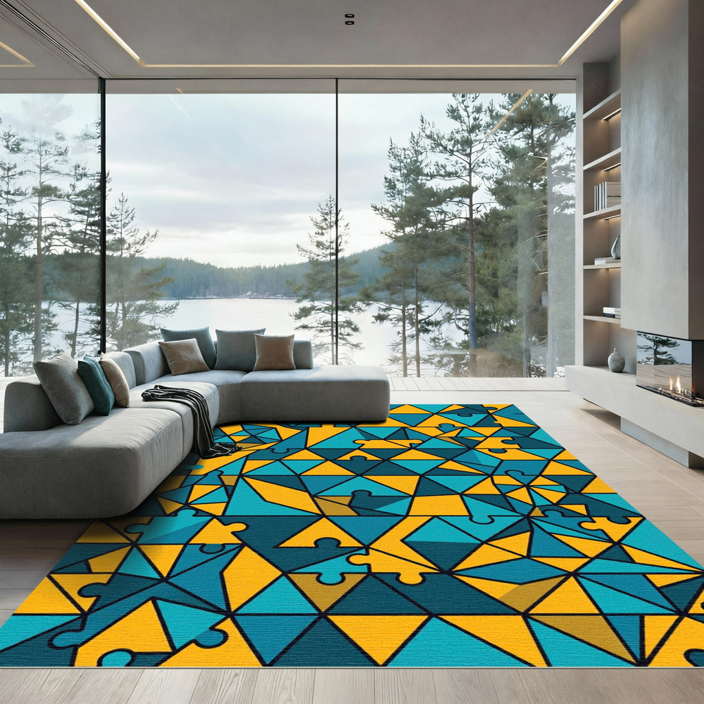 Geometric Teal and Gold Jigsaw Mosaic Rug