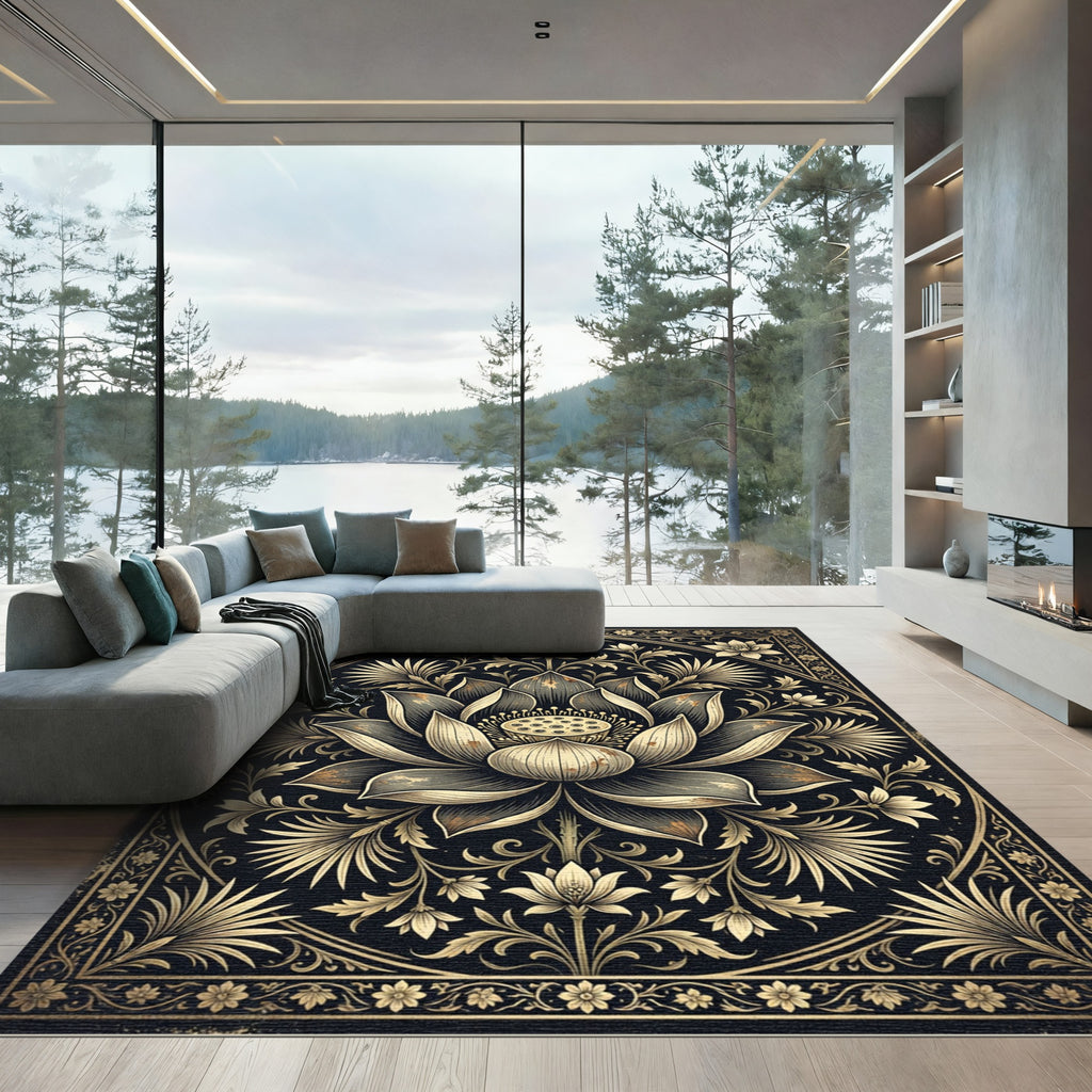 Elegant Black and Gold Lotus Floral Rug