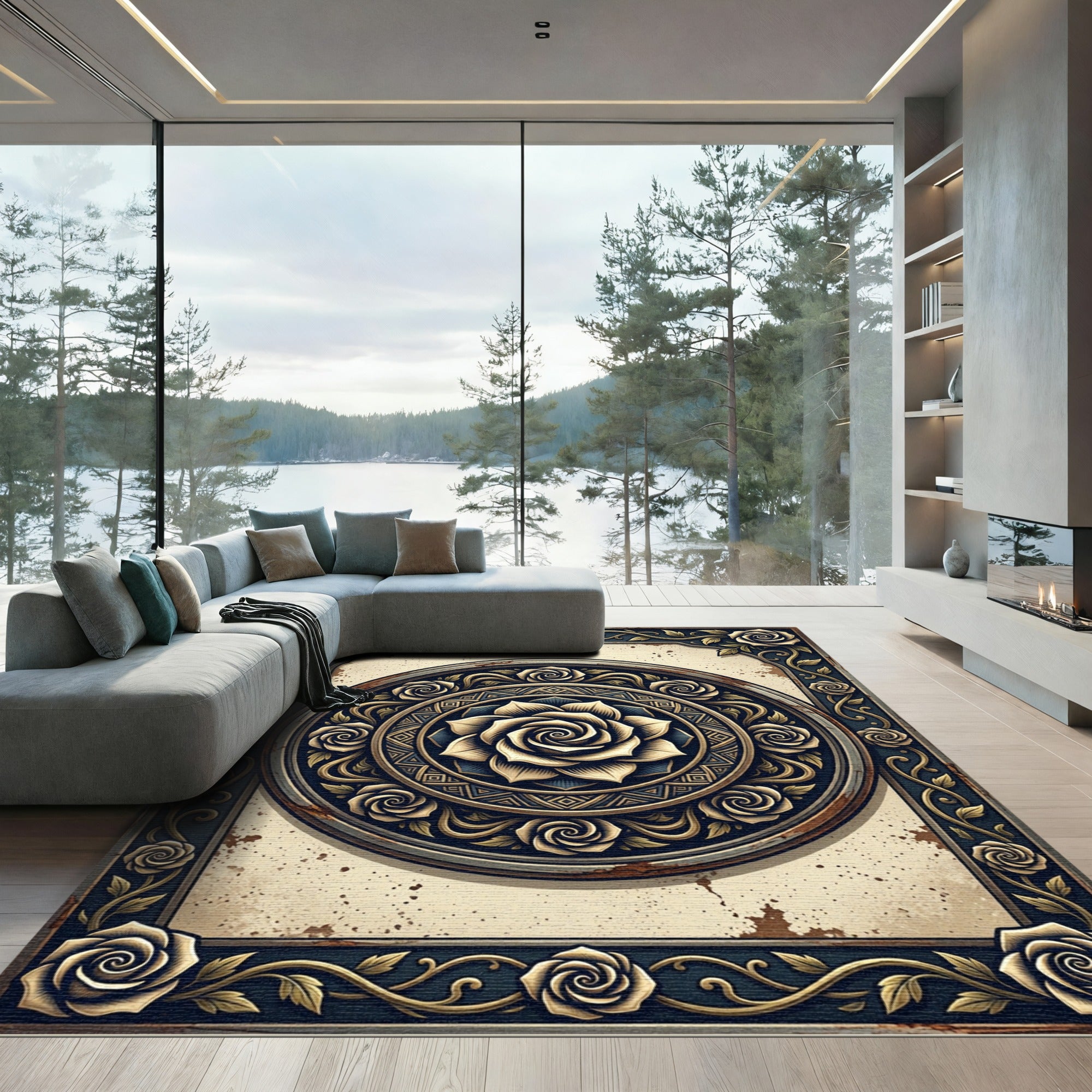 Vintage Gold Ornate Rose Medallion Rug
