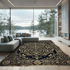 Ornate Black Gold Floral Damask Medallion Rug