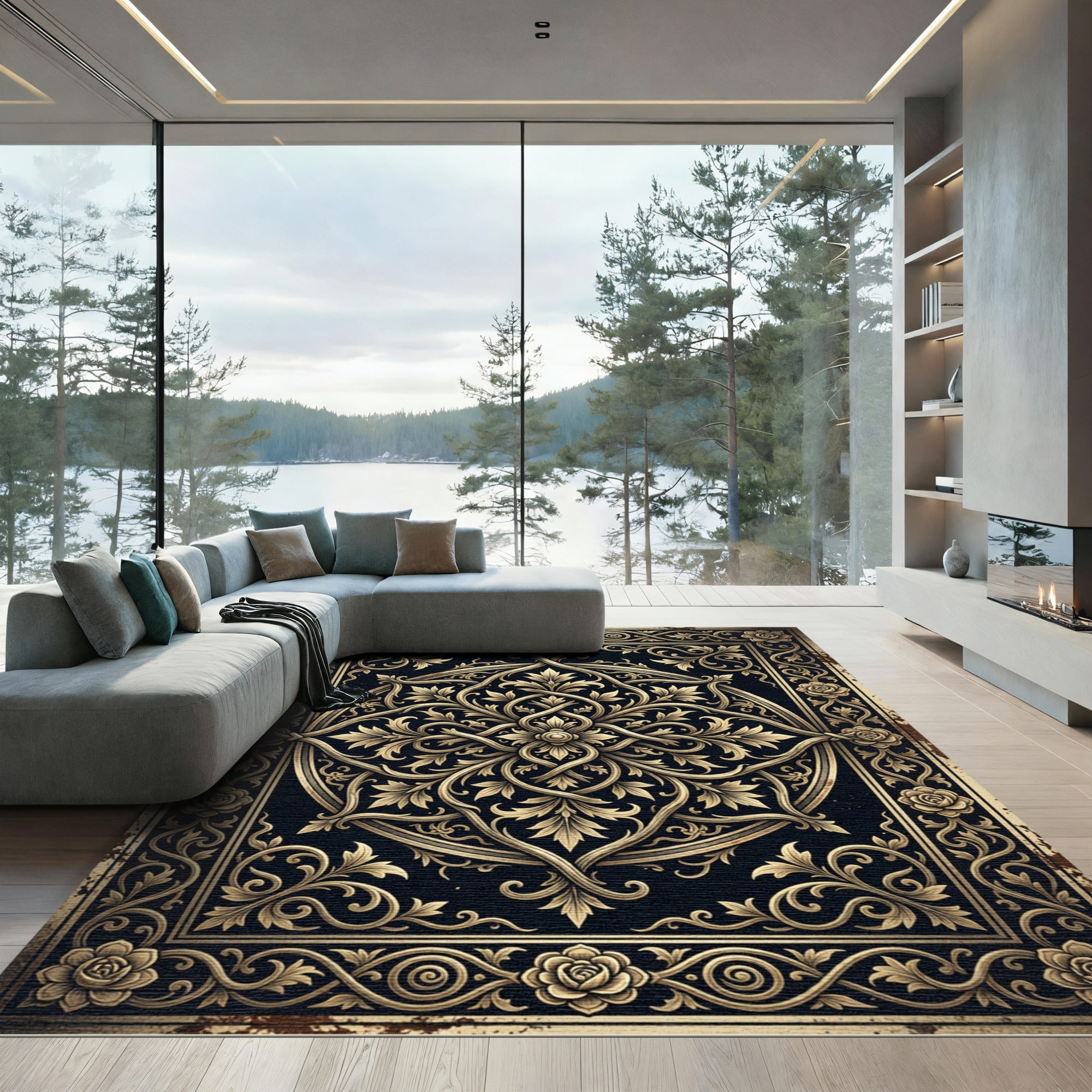 Ornate Black Gold Floral Damask Medallion Rug