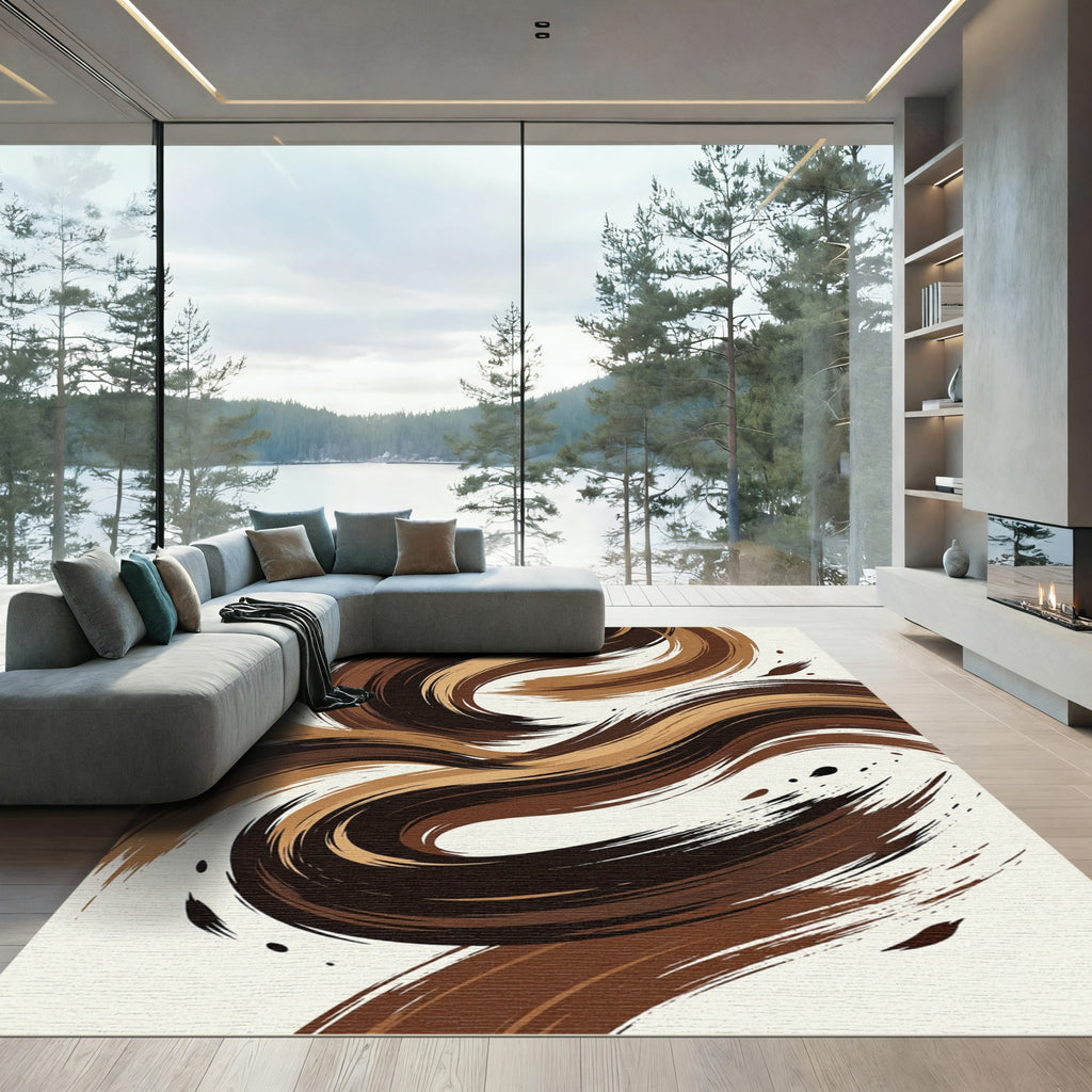 Earthy Brown Swirl Abstract Brushstroke Rug