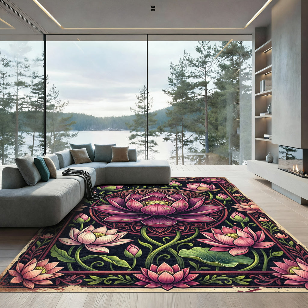 Ornate Pink Lotus Mandala Illustration Rug