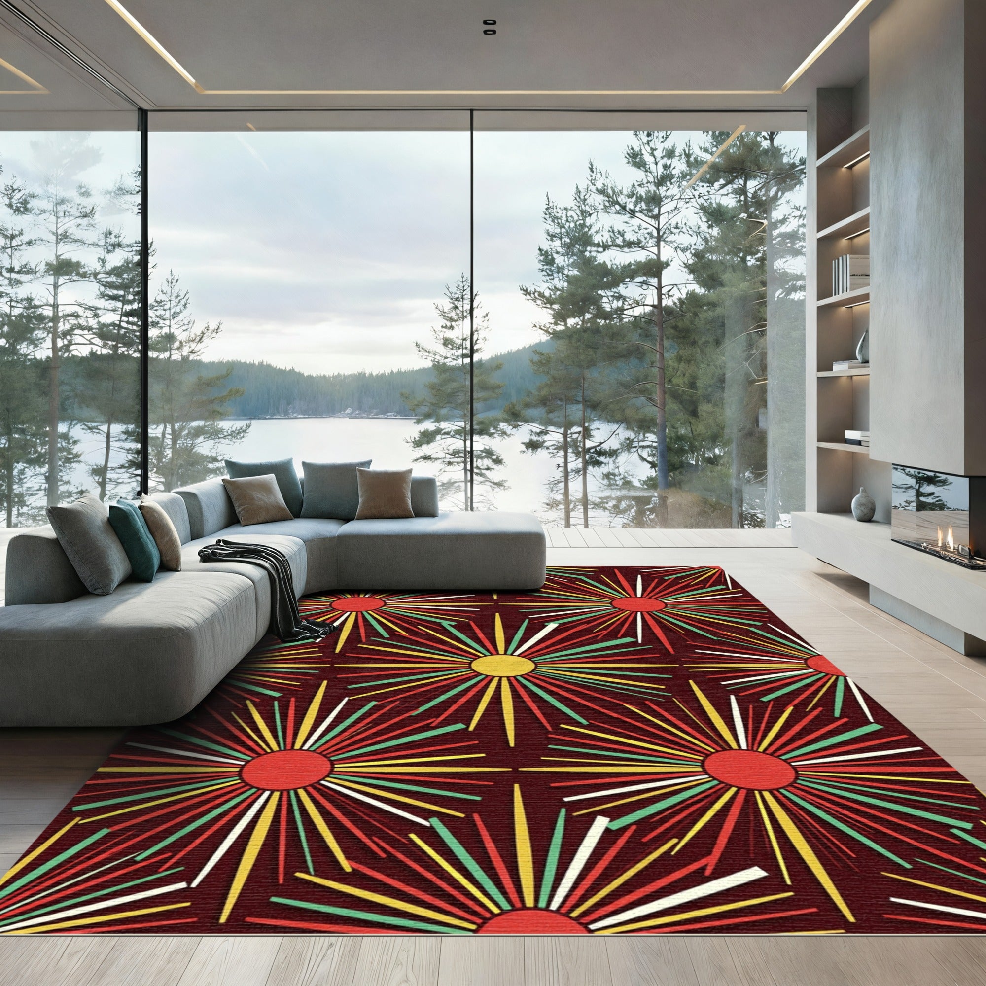 Retro Sunburst Radiating Rays Rug