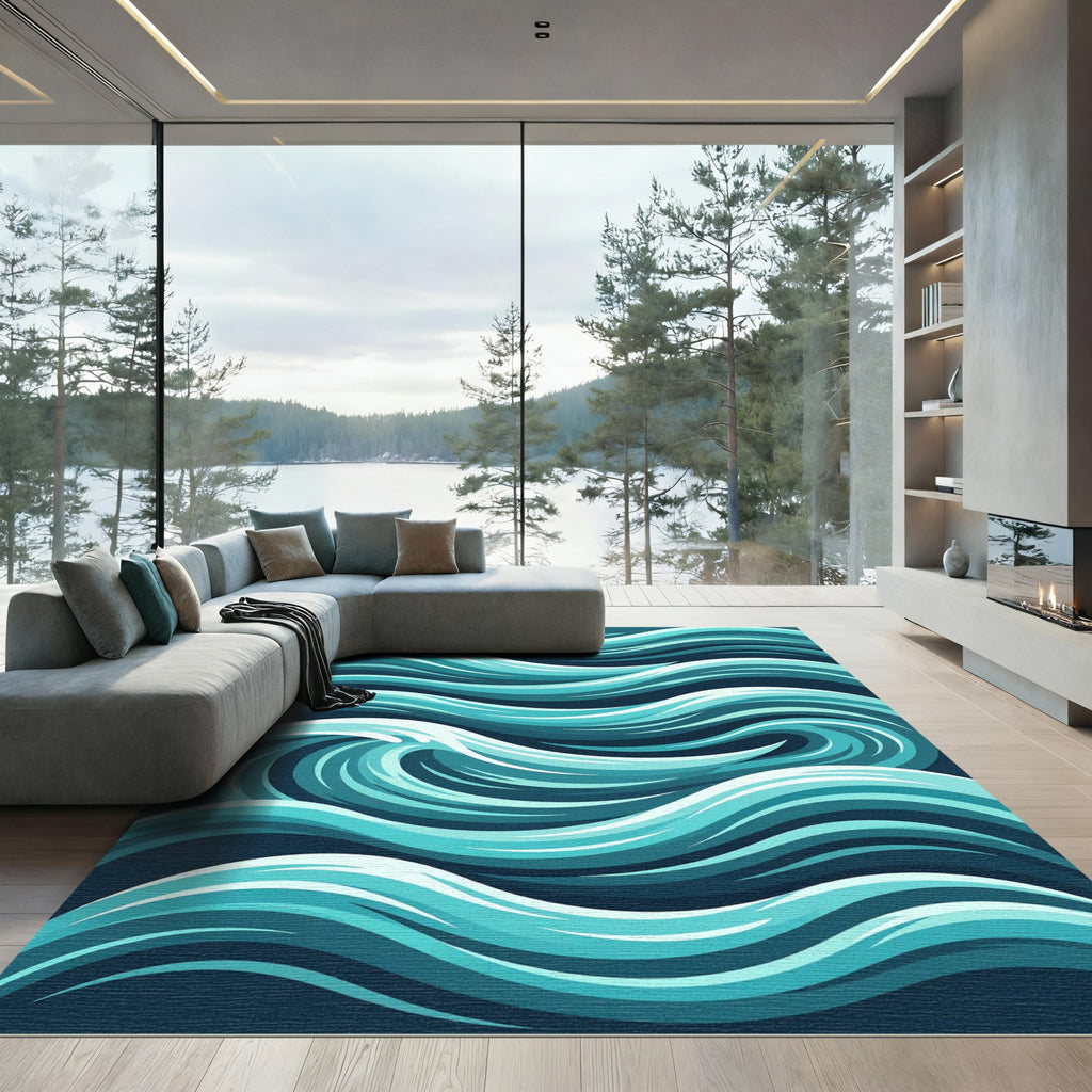 Modern Teal Abstract Ocean Flow Rug