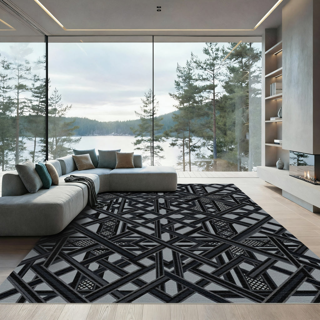 Modern Geometric Monochrome Art Deco Grid Rug