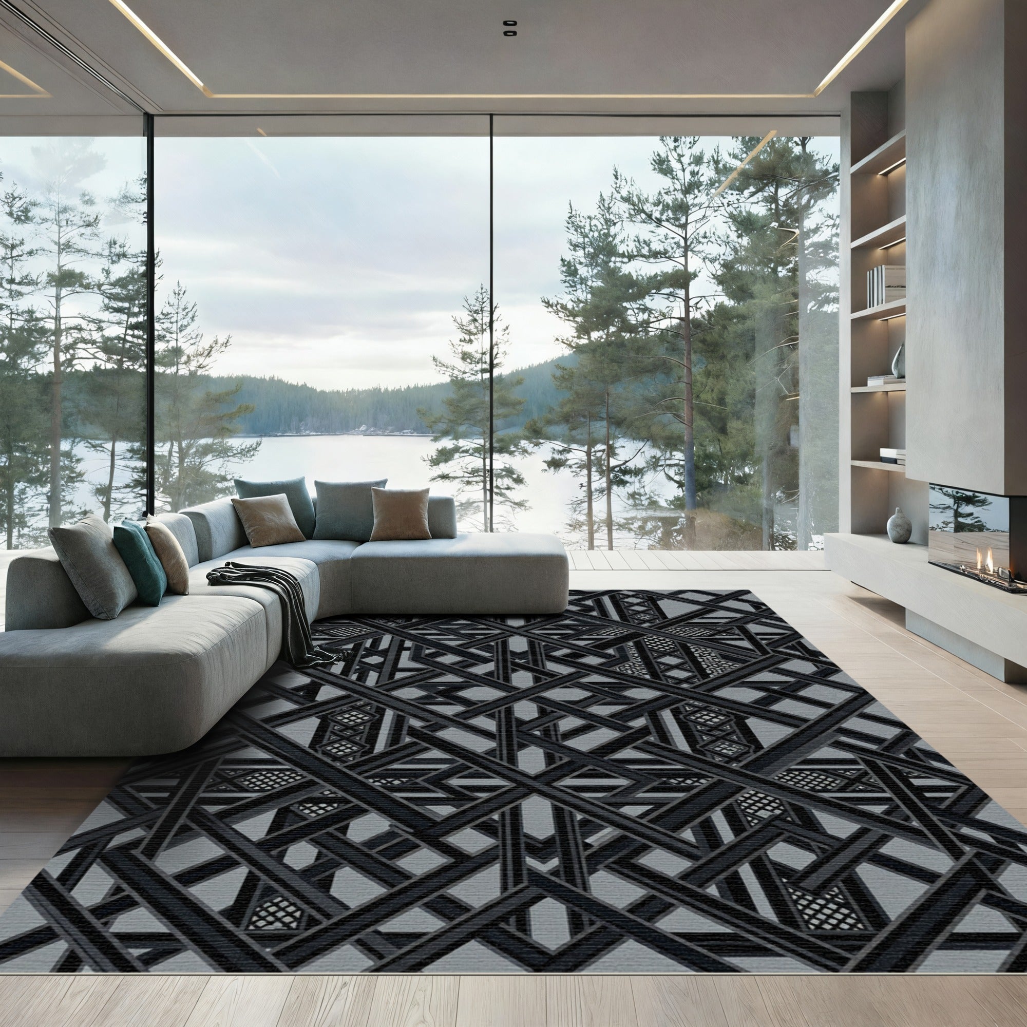 Modern Geometric Monochrome Art Deco Grid Rug