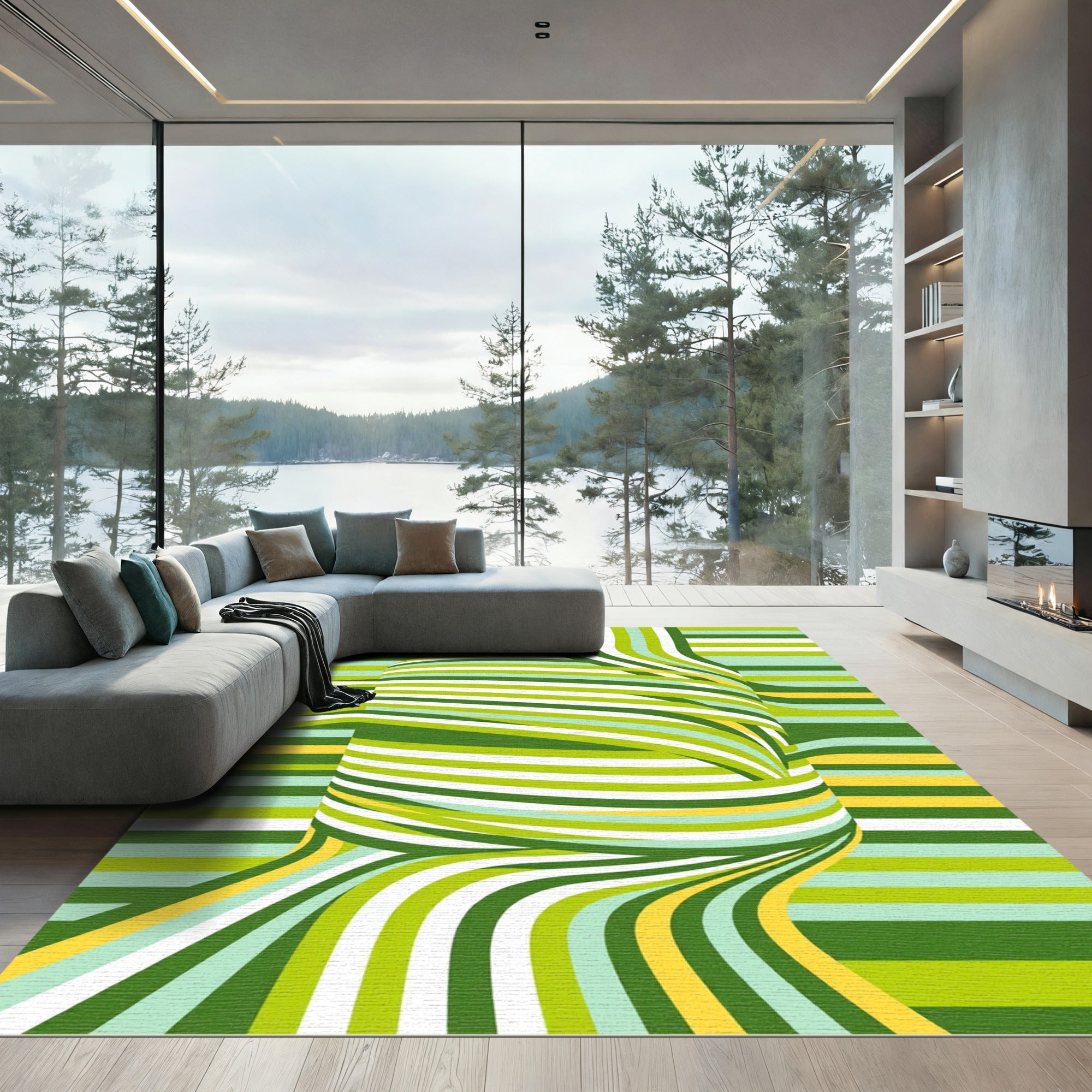 Modern Abstract Lime Green Ribbon Flow Rug