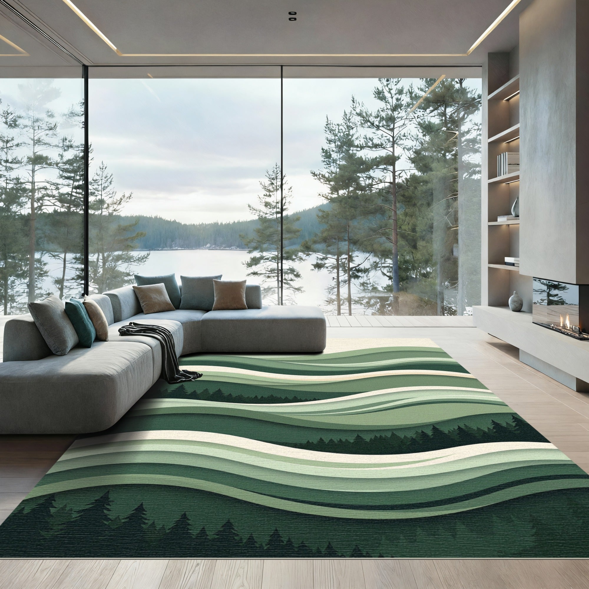 Layered Green Forest Landscape Waves Rug