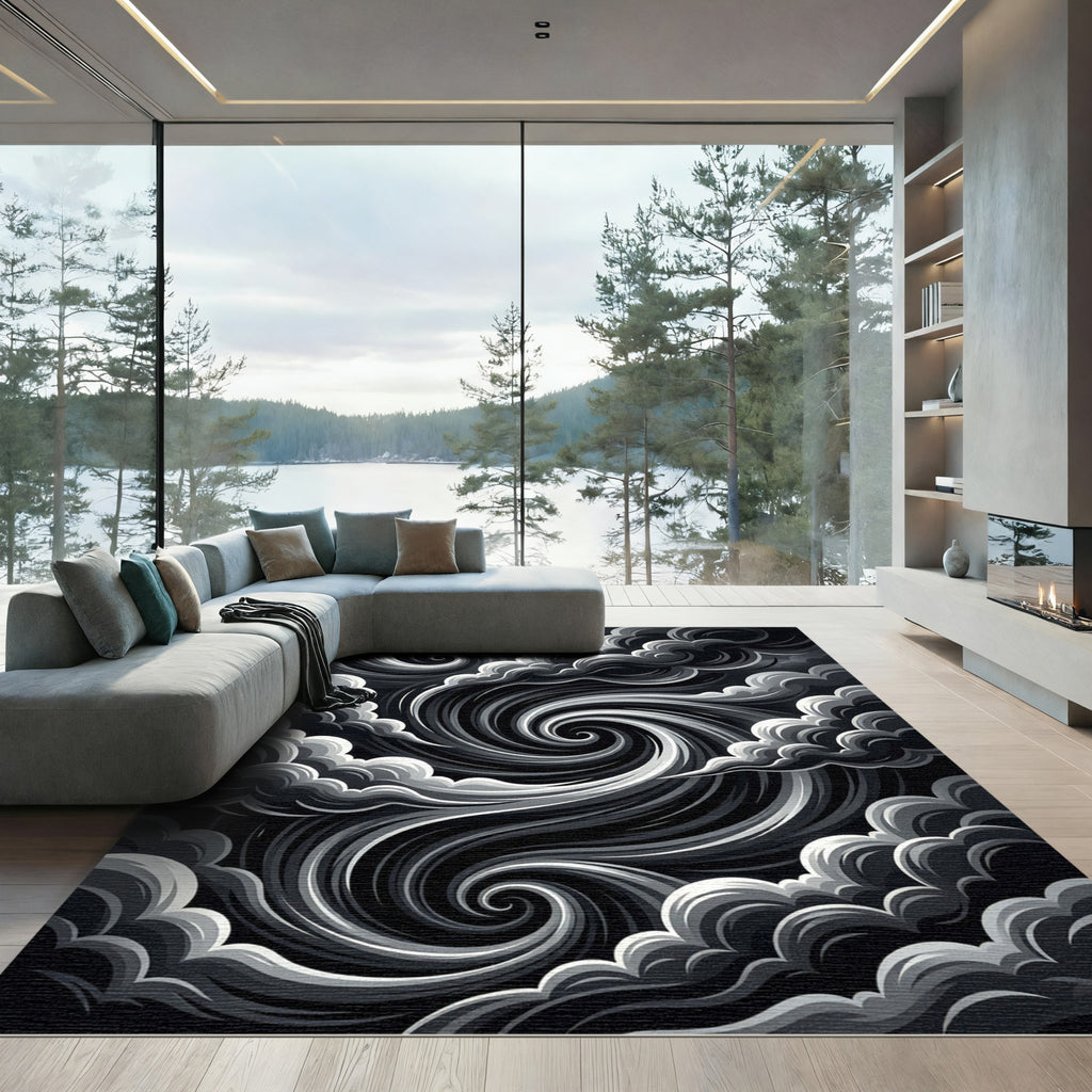 Dramatic Black Swirling Cloudscape Rug