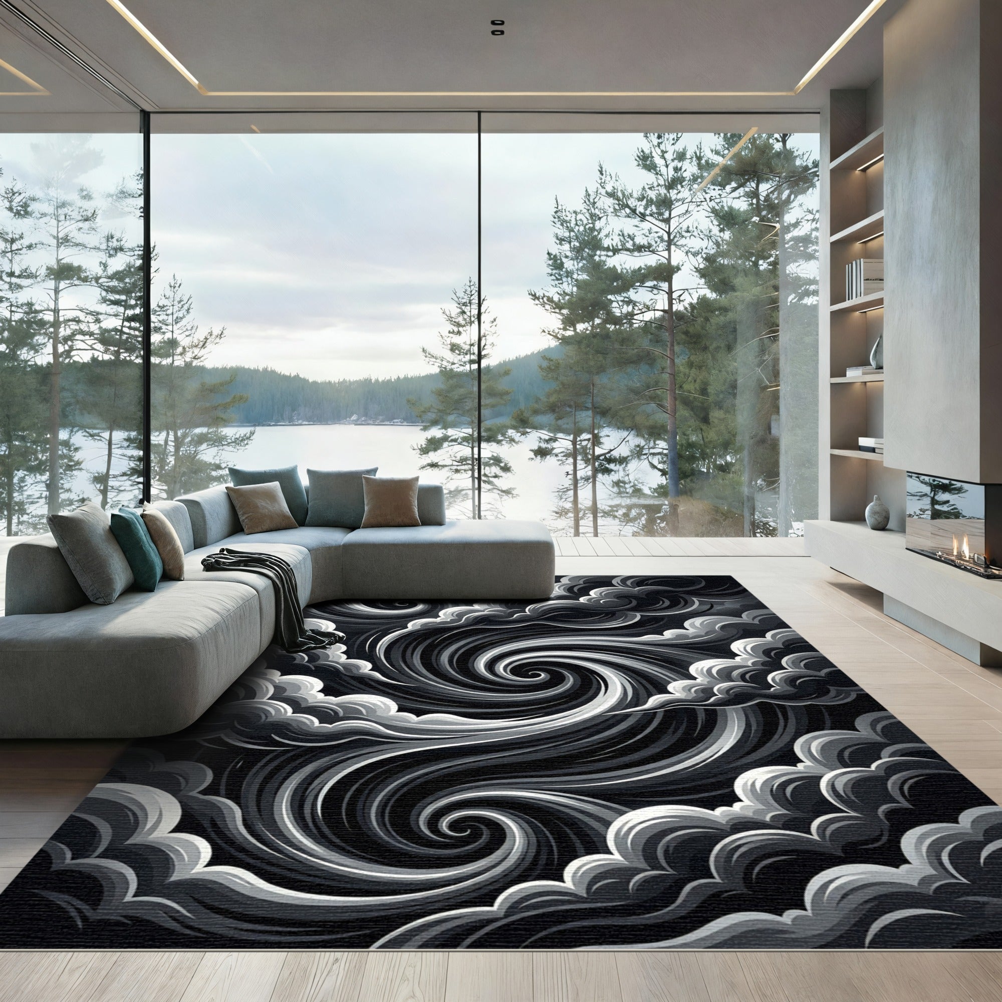 Dramatic Black Swirling Cloudscape Rug