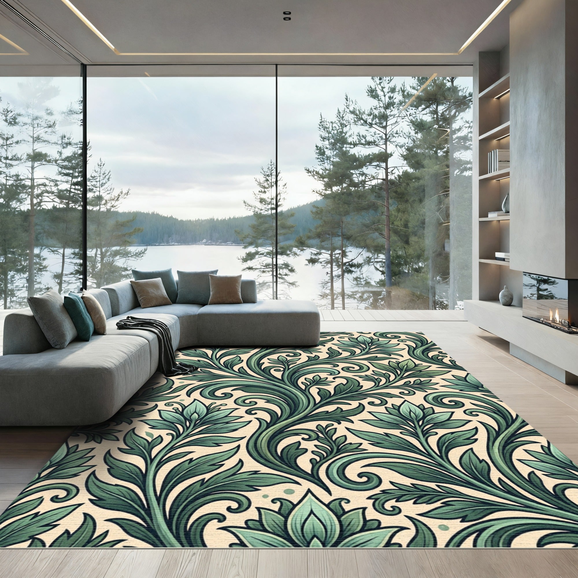 Elegant Sage Leafy Foliage Scroll Rug