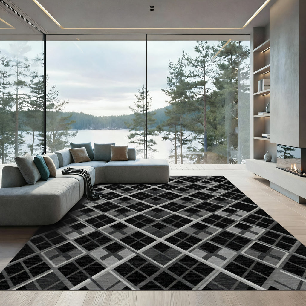 Black Silver Diamond Lattice Quilt Rug