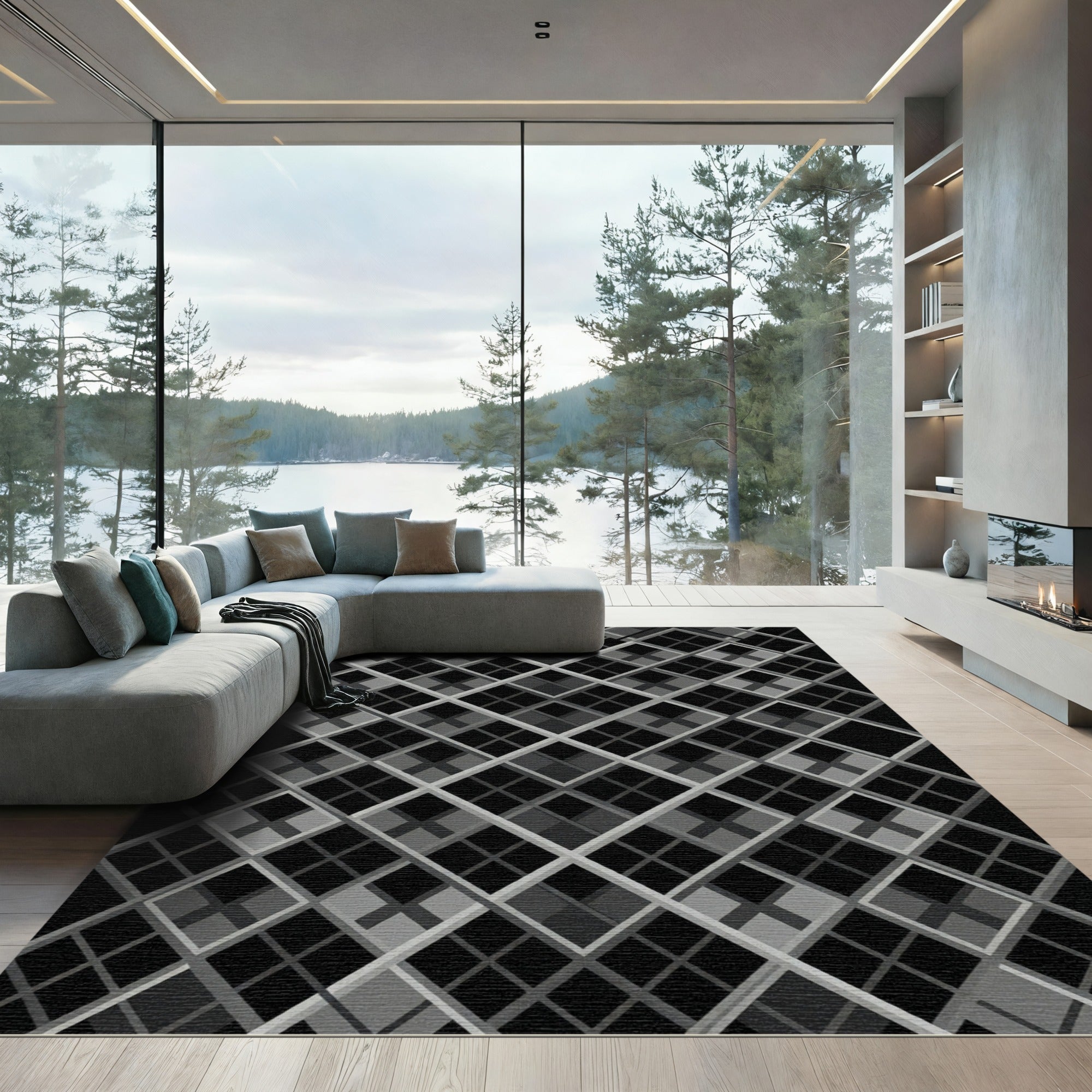 Black Silver Diamond Lattice Quilt Rug