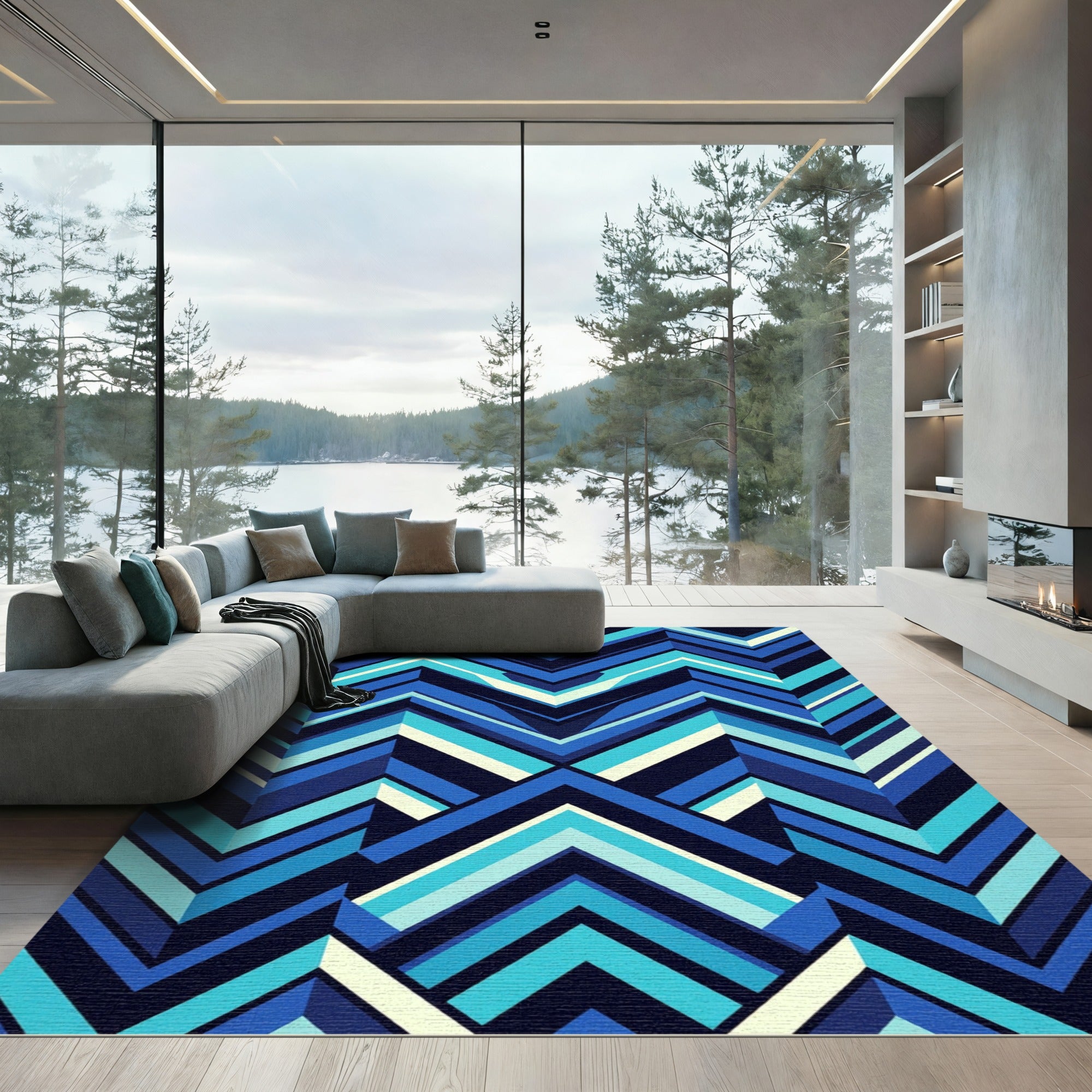 Bold Blue Geometric Chevron Rug