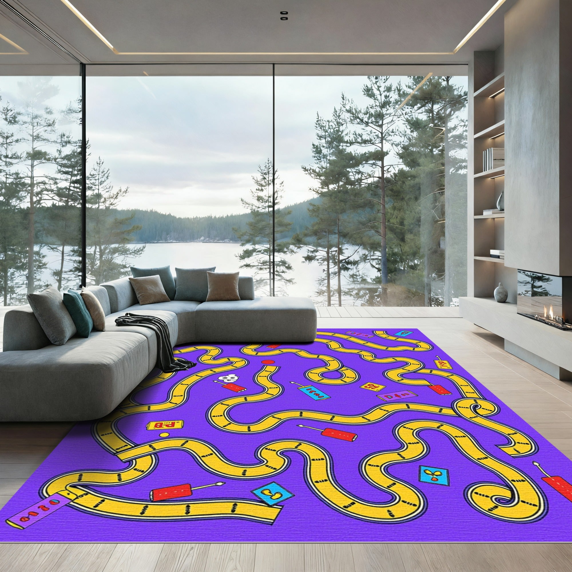 Playful Purple Yellow Maze Road Rug