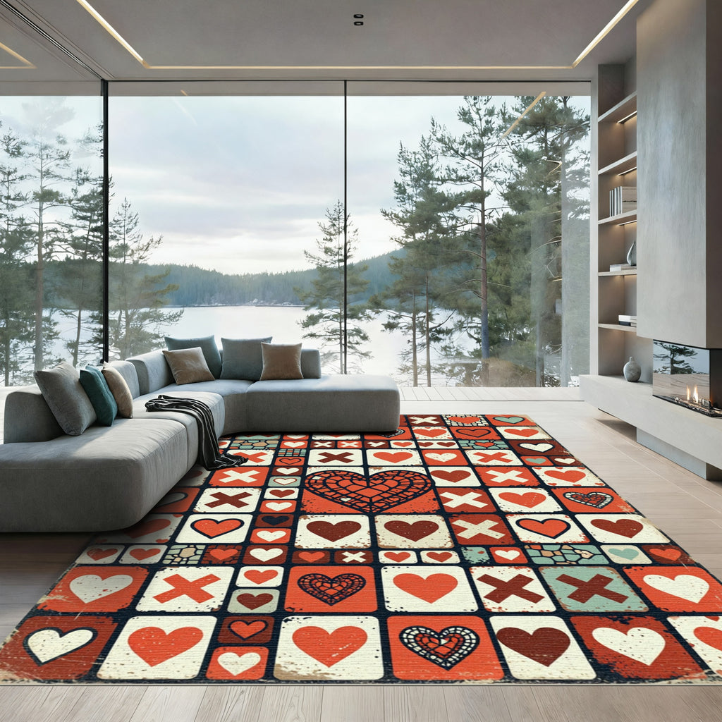 Retro Heart Grid Geometric Mosaic Rug