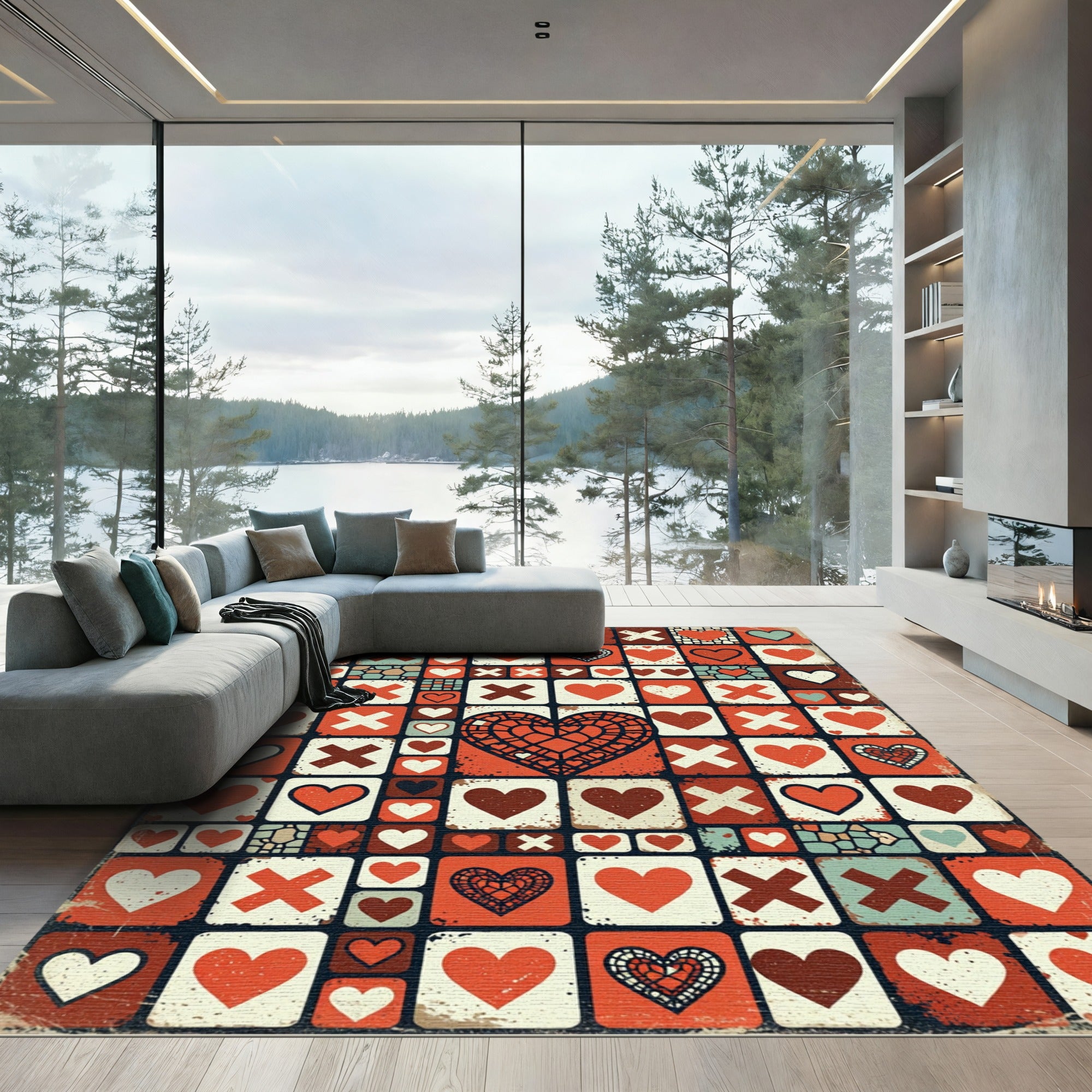 Retro Heart Grid Geometric Mosaic Rug