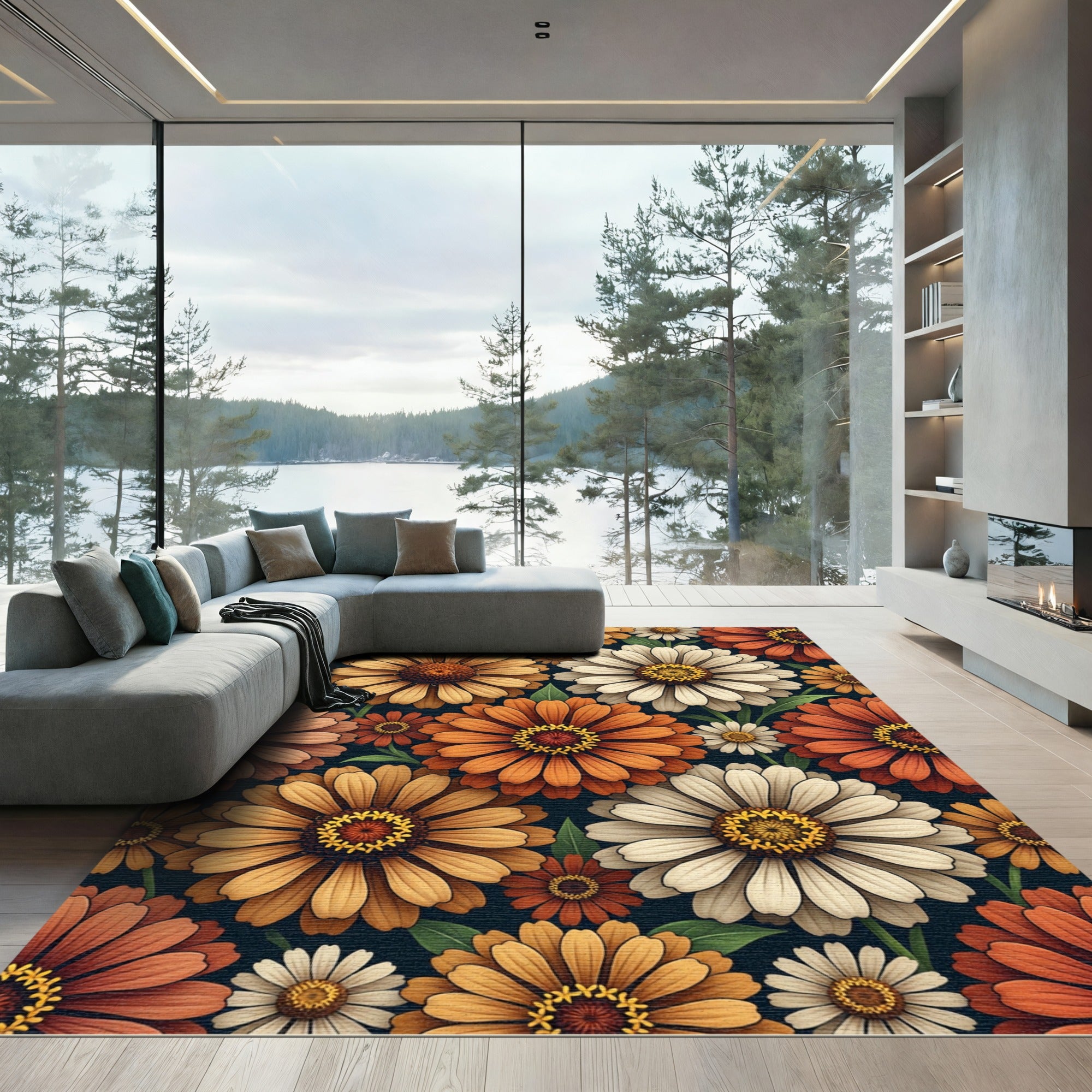 Earthy Orange and Cream Zinnia Floral Rug