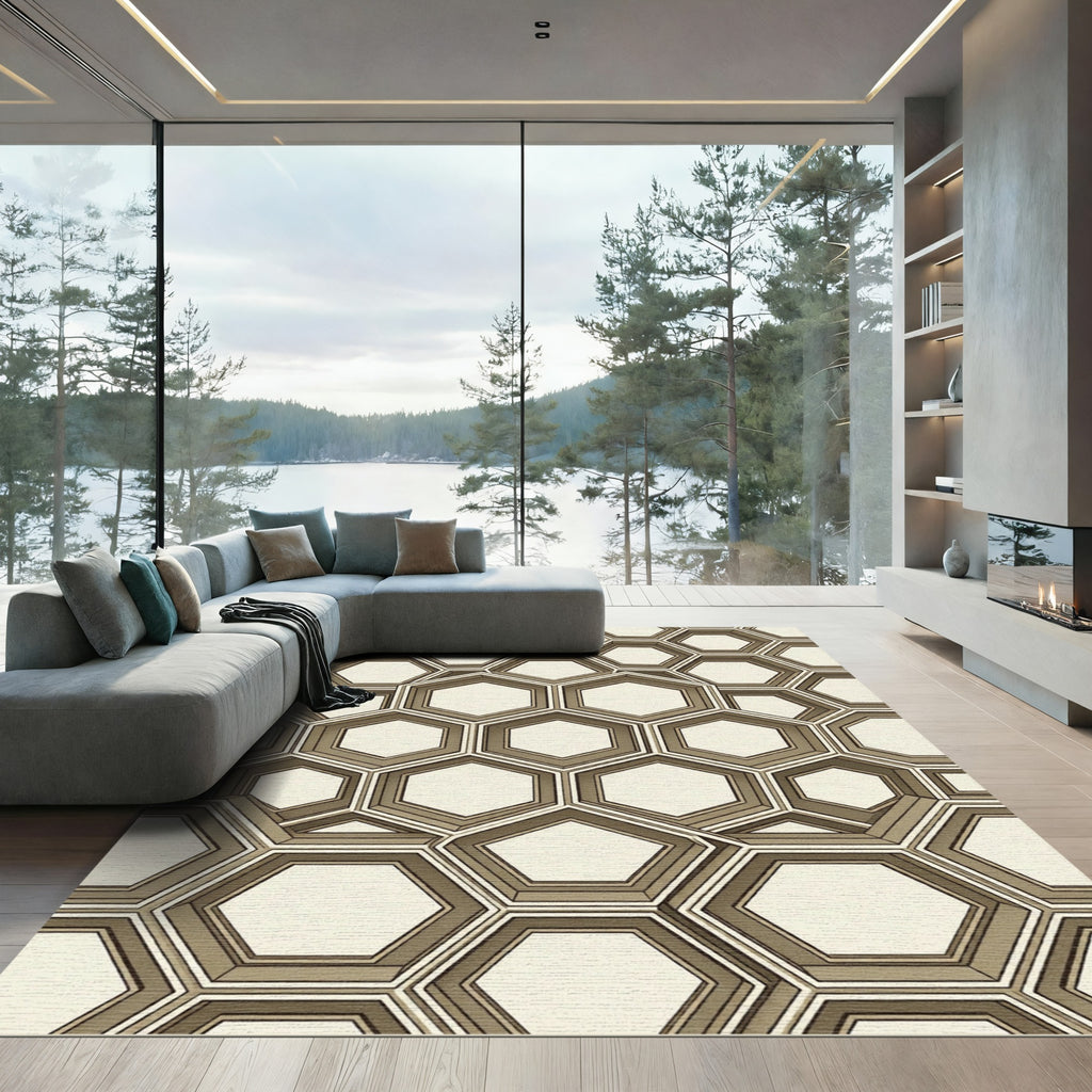 Modern Beige Geometric Hexagon Structure Rug