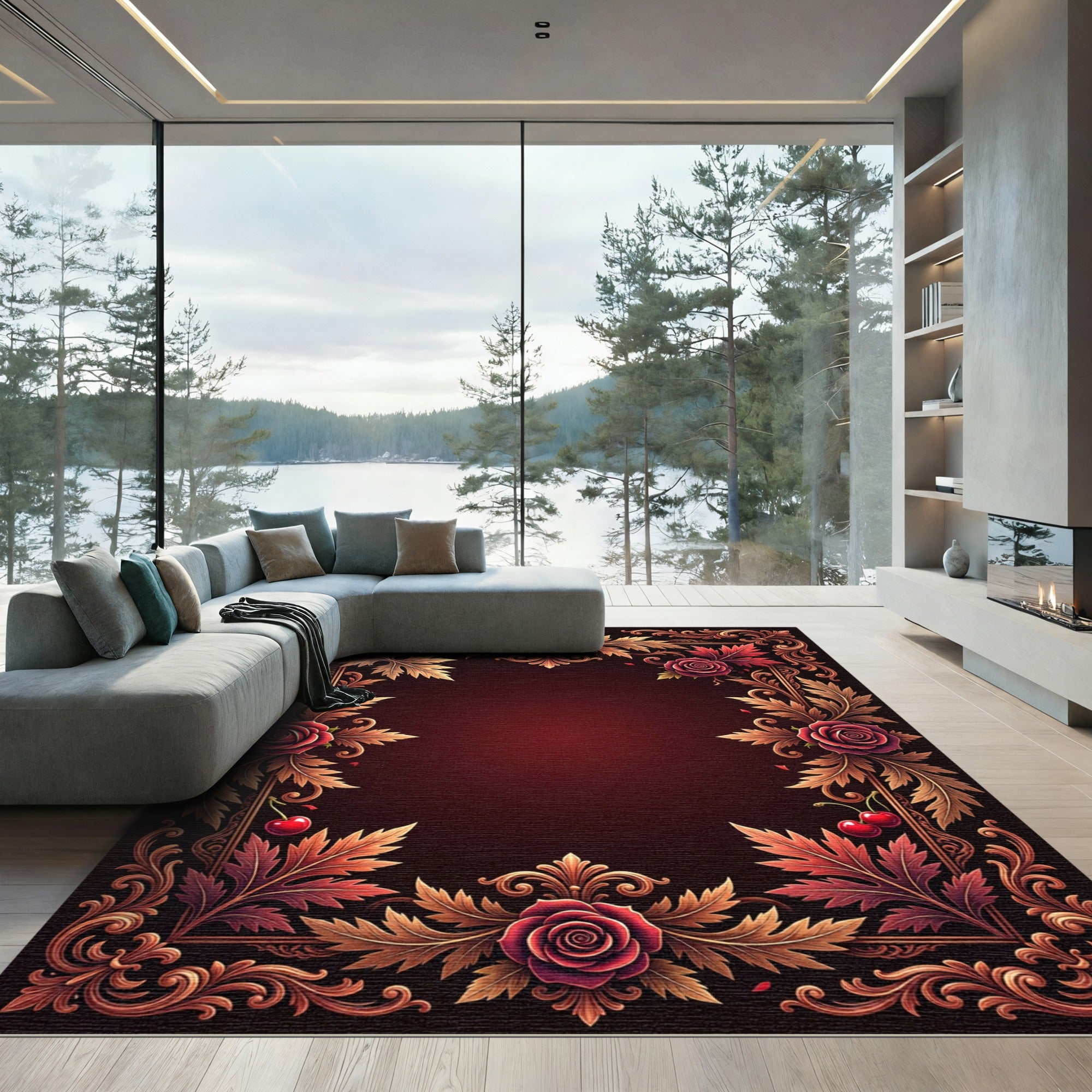 Ornate Red Cherry Rose Scrollwork Rug