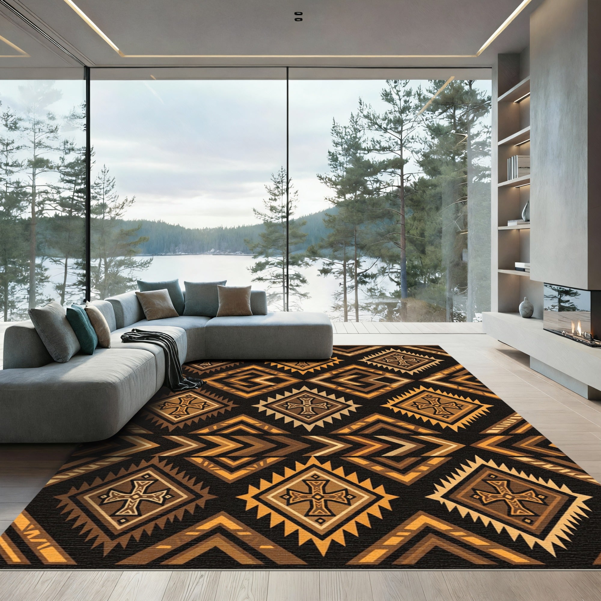 Earthy Amber Geometric Cross Diamond Rug