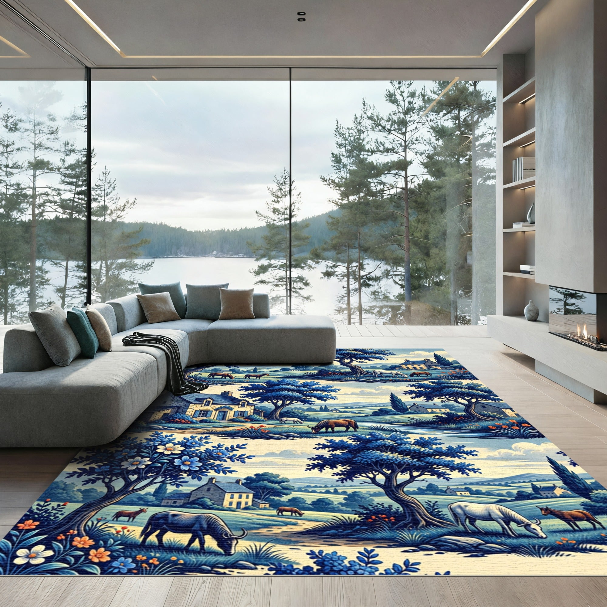 Blue Meadow Landscape Toile Country Scene Rug