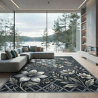 Gray Botanical Floral Lattice Rug