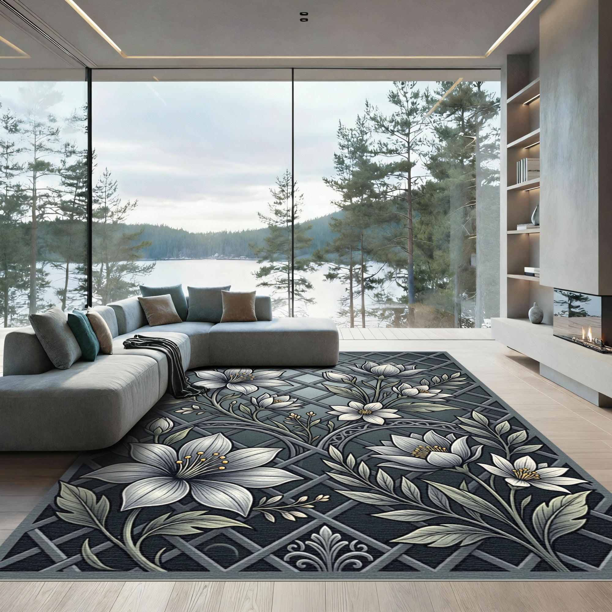 Gray Botanical Floral Lattice Rug