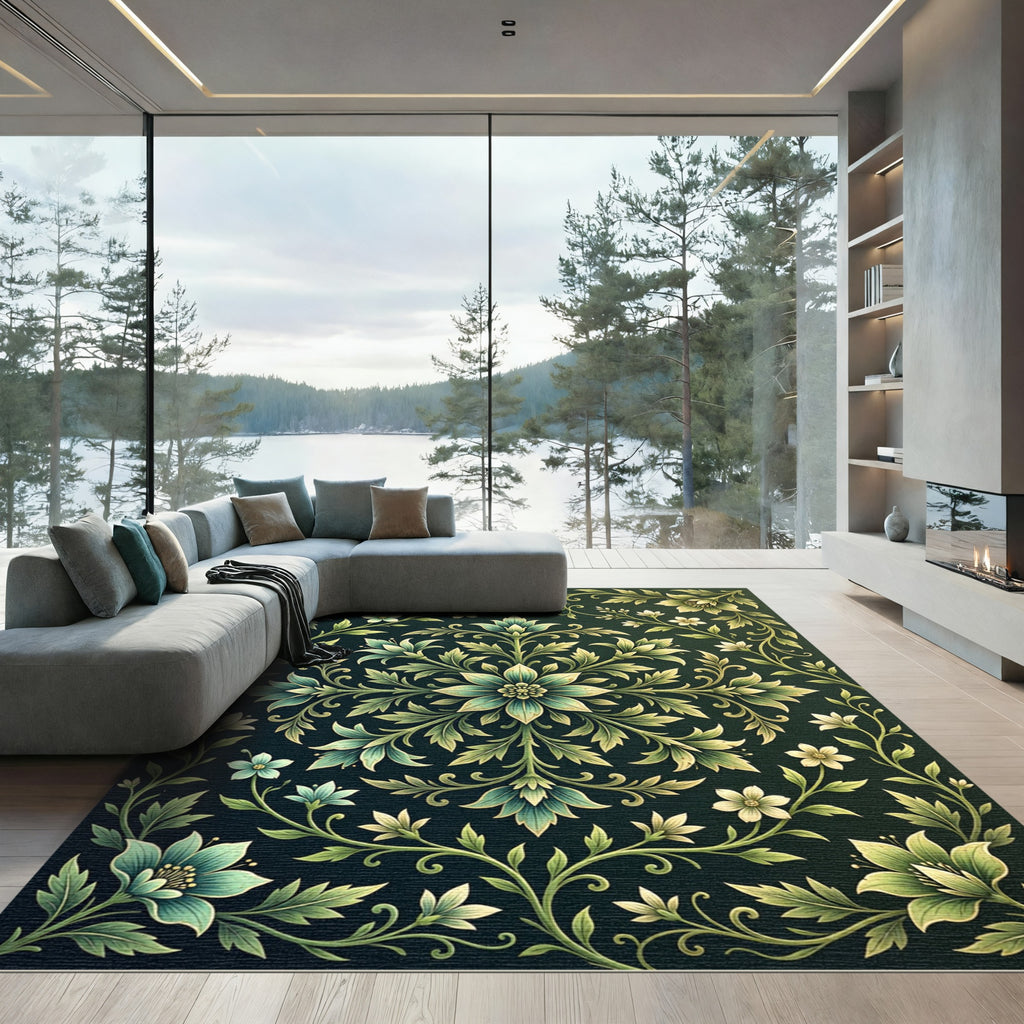 Elegant Green Botanical Floral Medallion Rug