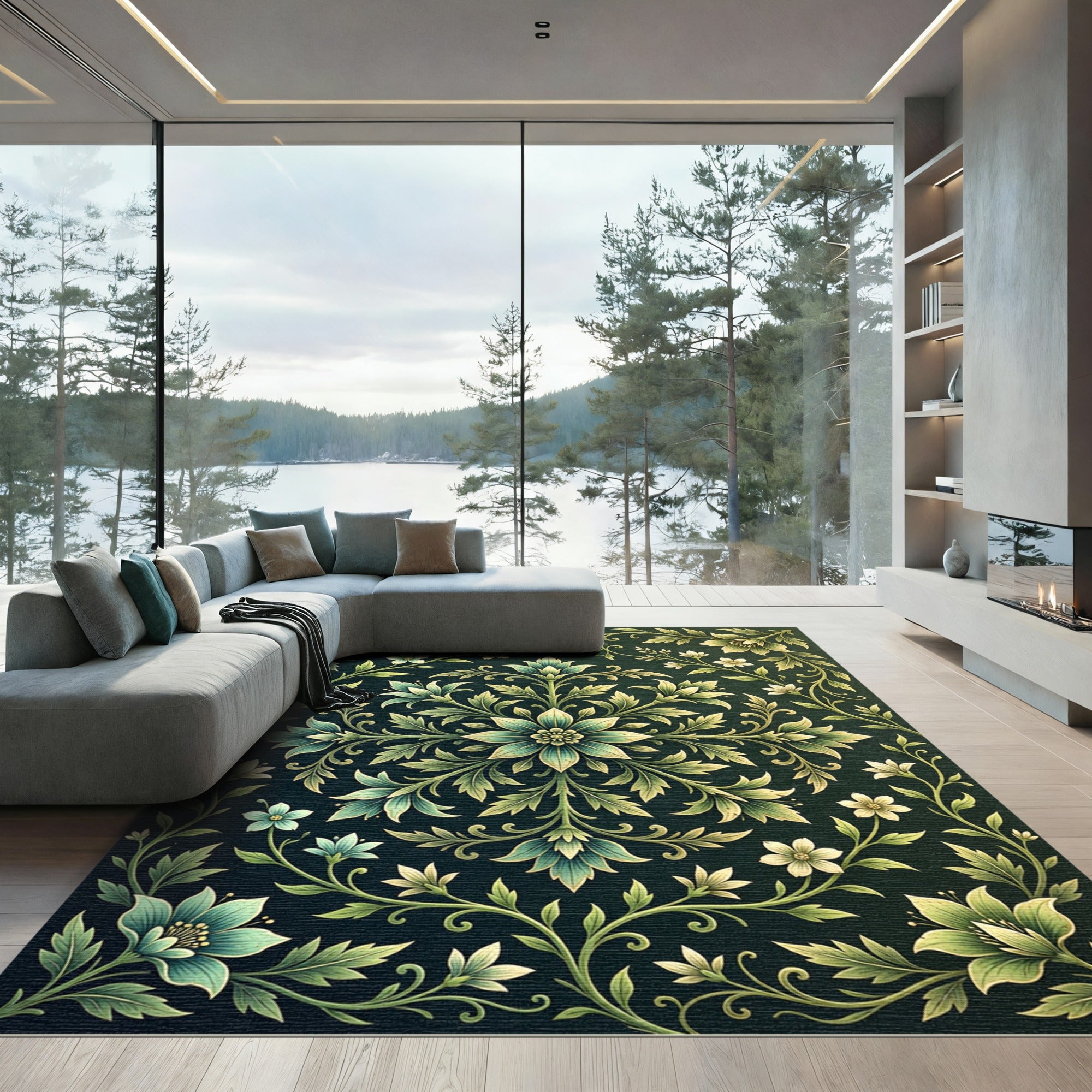 Elegant Green Botanical Floral Medallion Rug