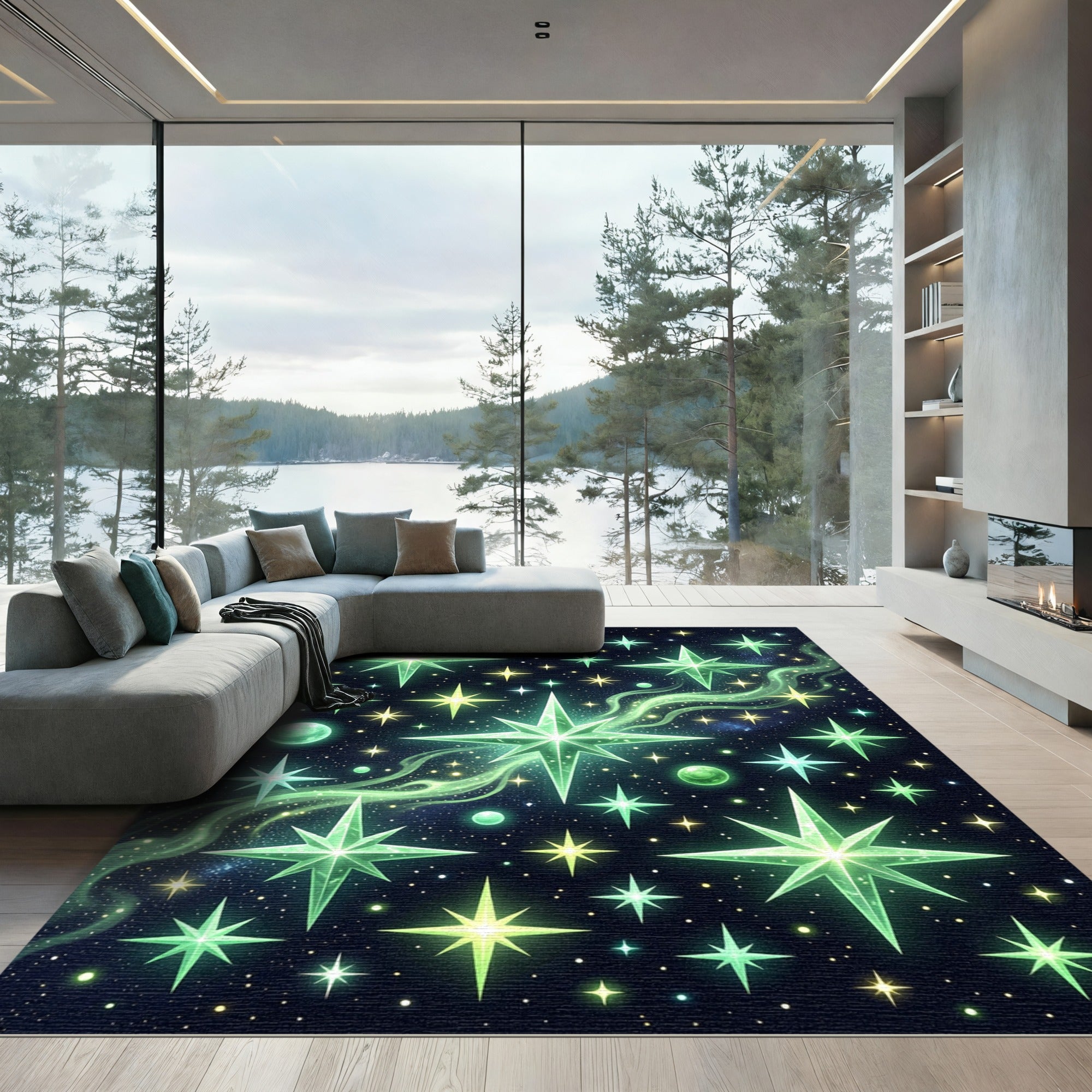 Emerald Starburst Nebula Night Sky Rug