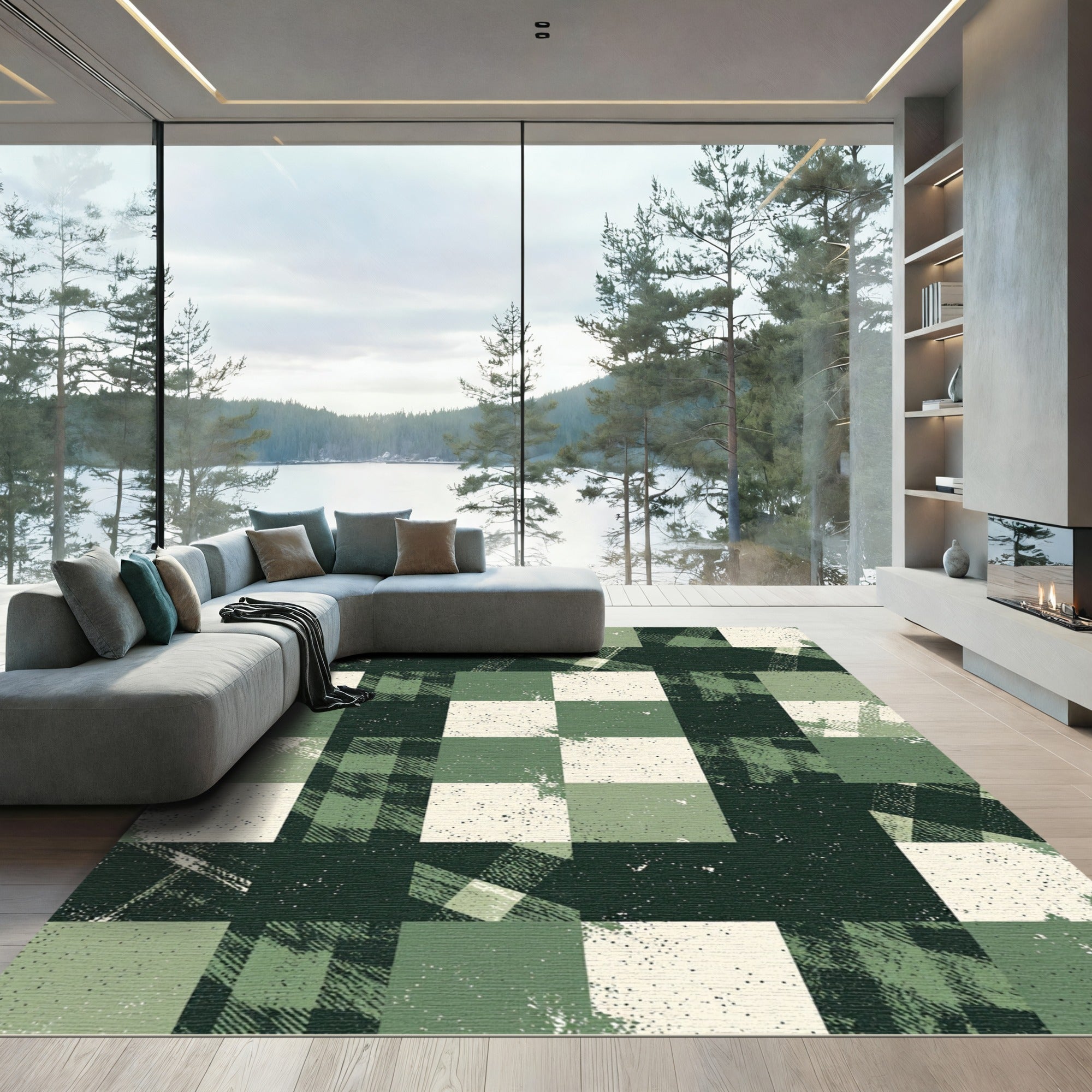 Rustic Sage Green Distressed Buffalo Check Rug