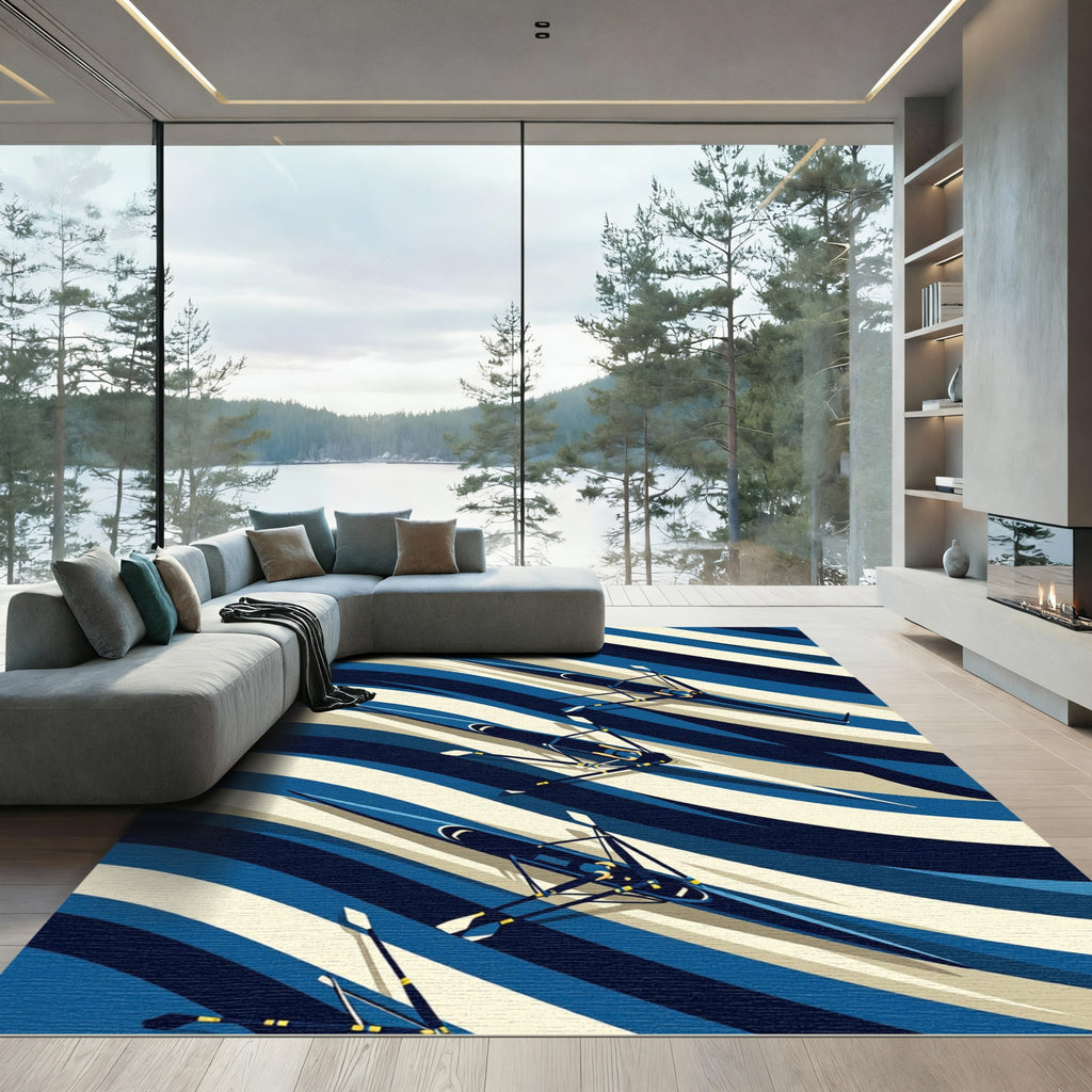 Dynamic Indigo Blue Rowing Wave Rug