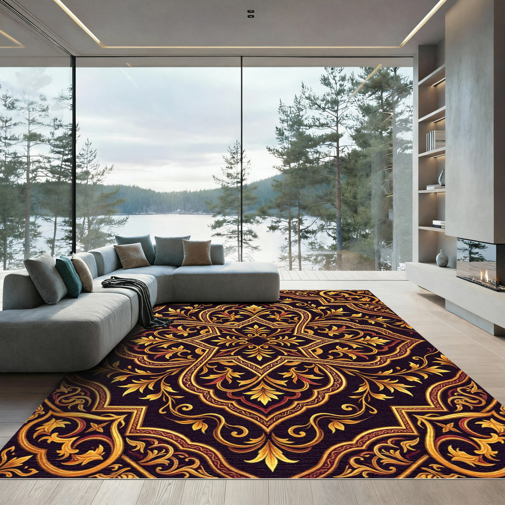 Ornate Golden Floral Damask Scroll Rug