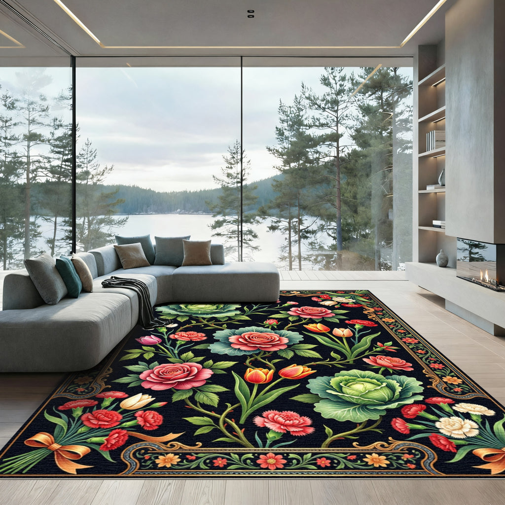Vintage Red Rose Cabbage Floral Bouquet Rug