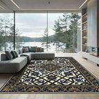 Elegant Navy Gold Floral Lattice Rug