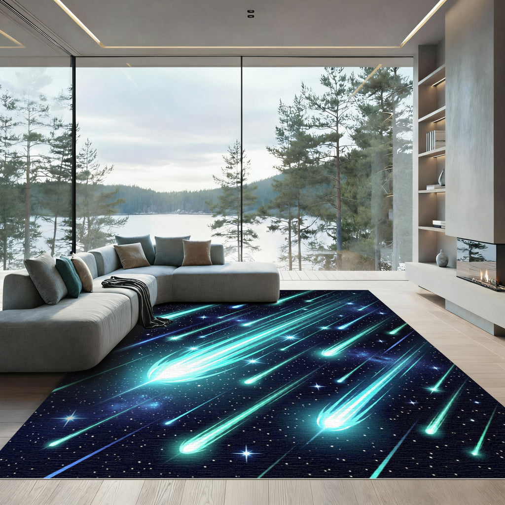 Glowing Cyan Meteor Shower Night Sky Rug