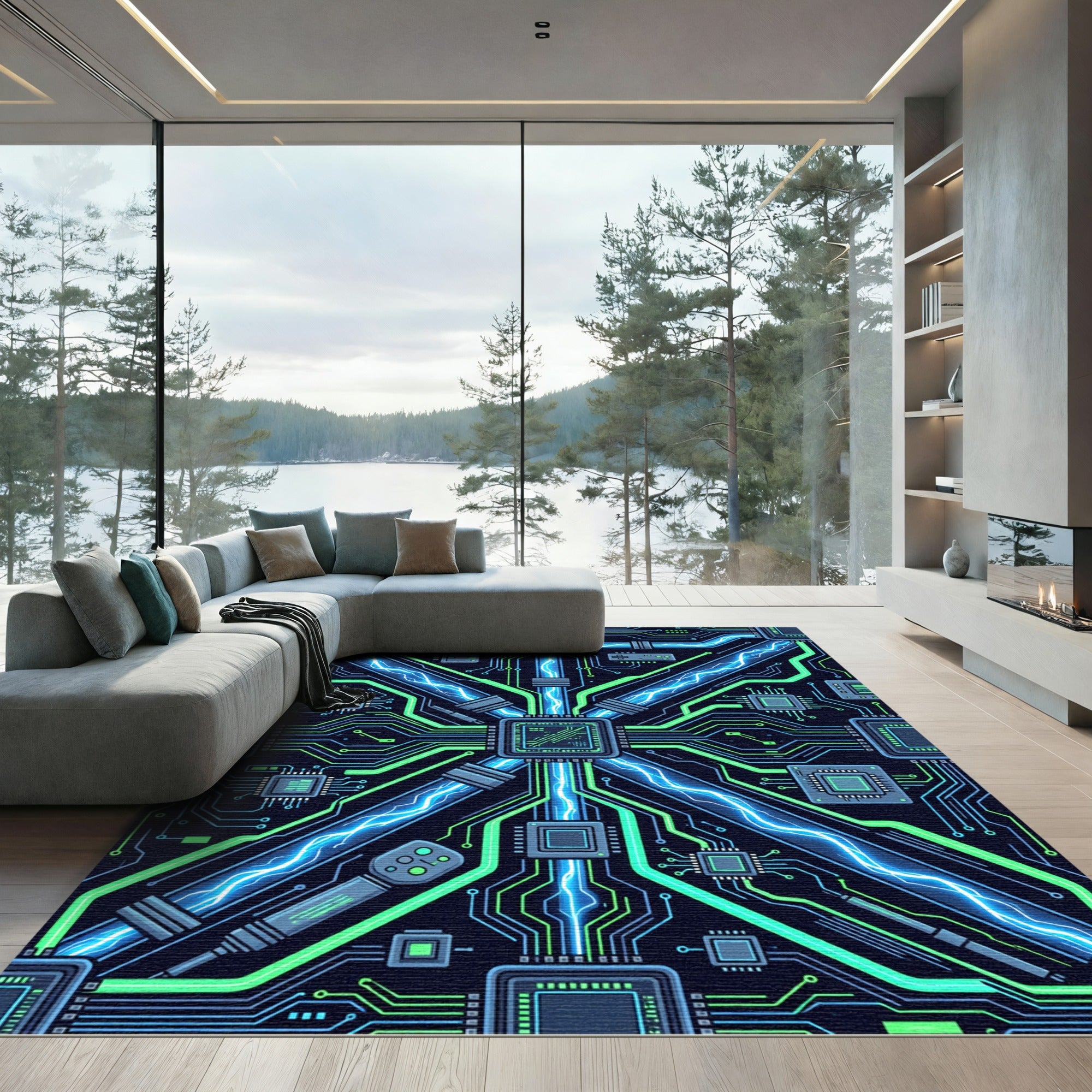 Neon Electric Circuit Cyber Core Rug