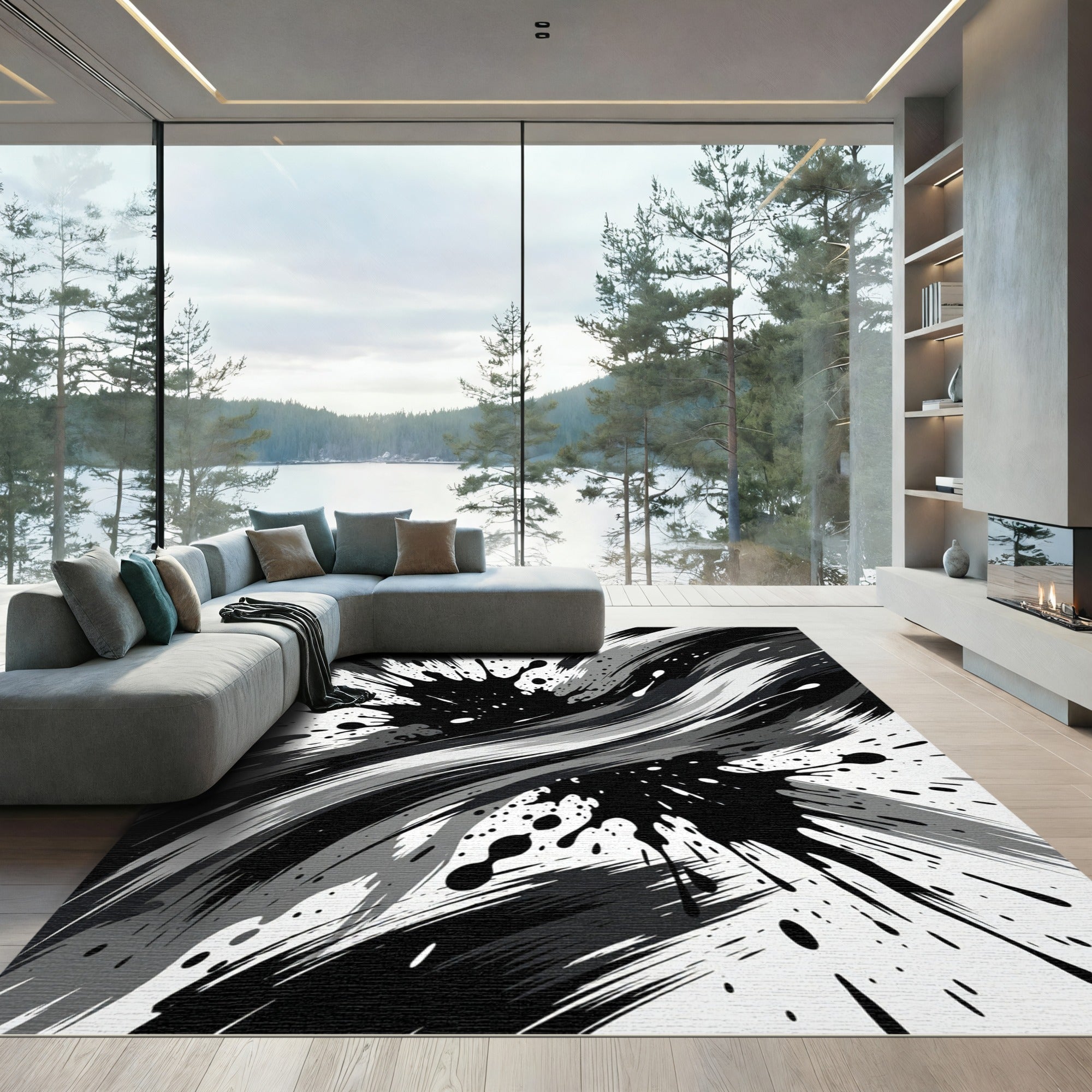 Monochromatic Abstract Ink Splatter Swirl Rug