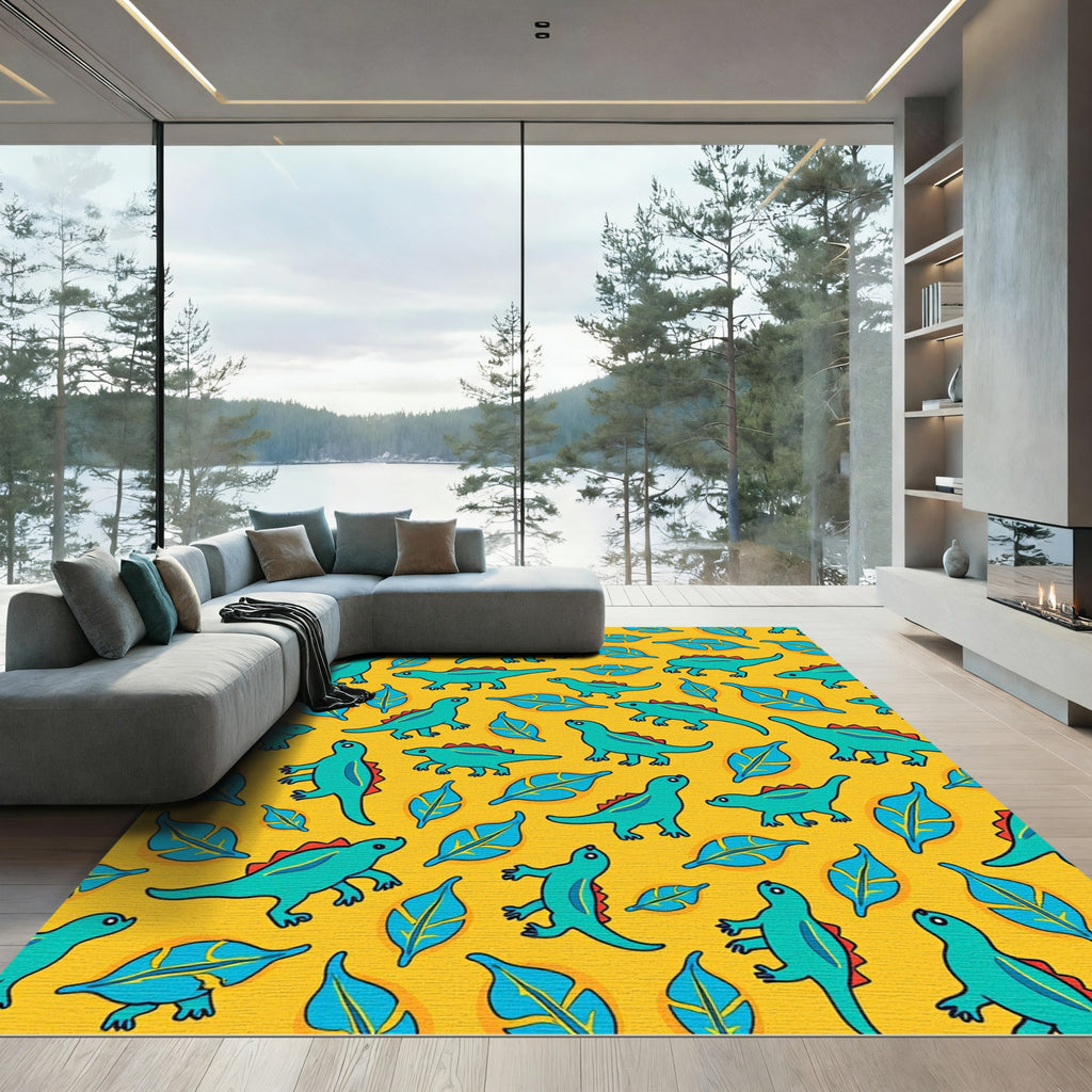 Turquoise Dinosaur Leafy Yellow Pattern Rug
