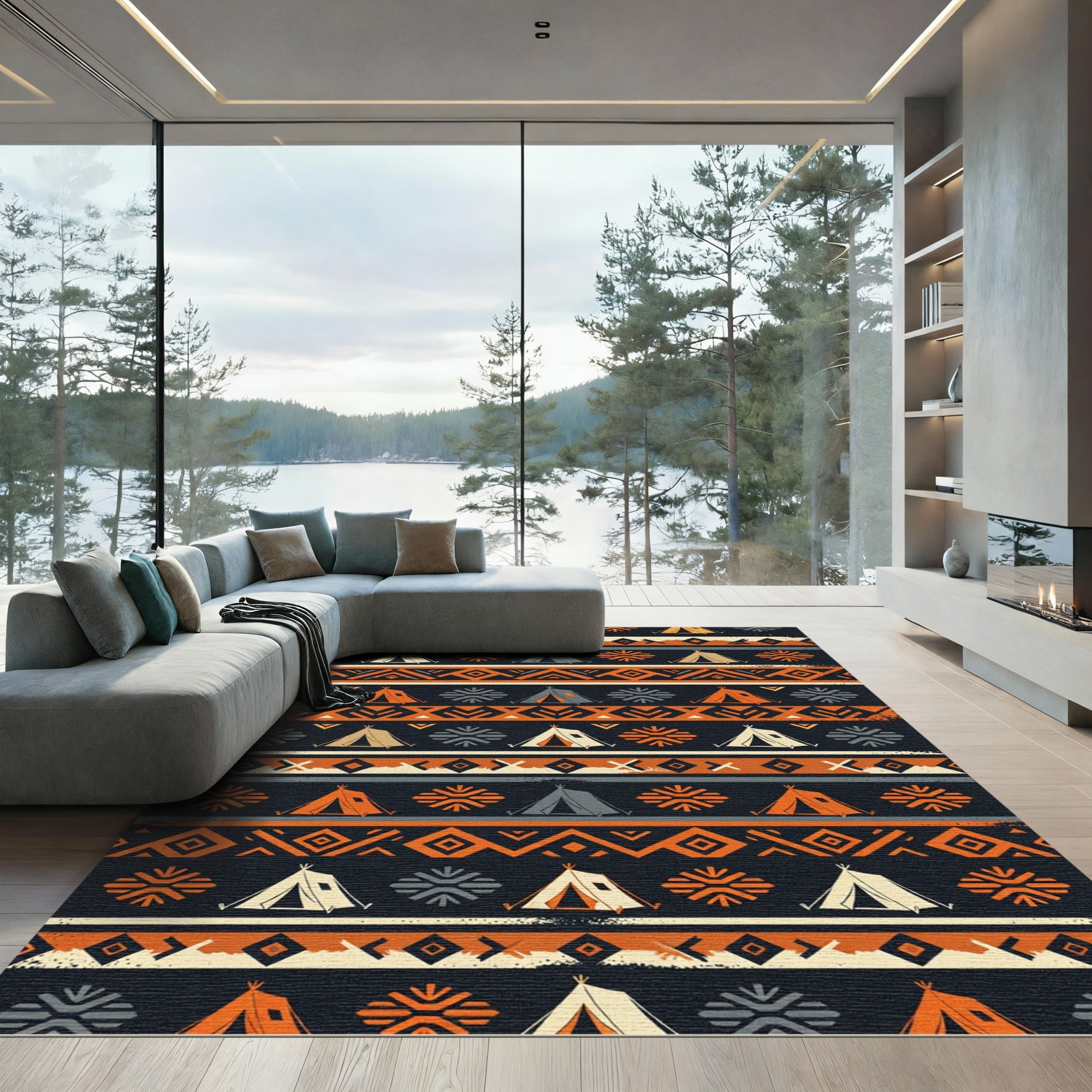 Earthy Orange Geometric Wilderness Camping Decor Rug
