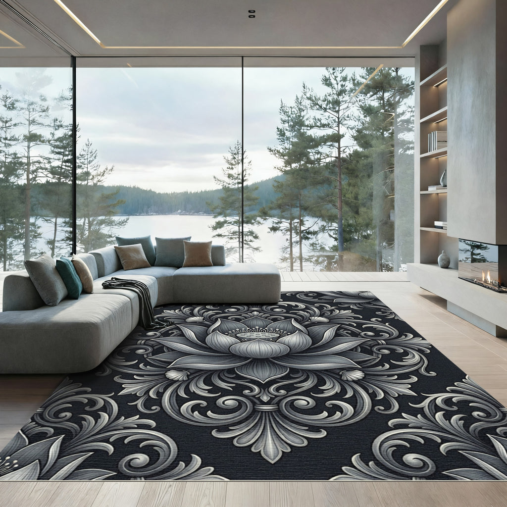 Silver Embossed Lotus Floral Damask Rug