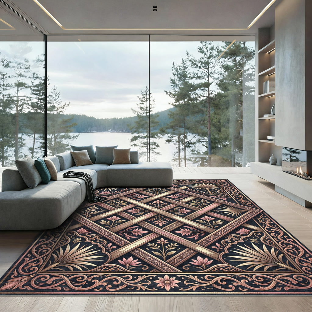 Ornate Rose Gold Trellis Floral Rug